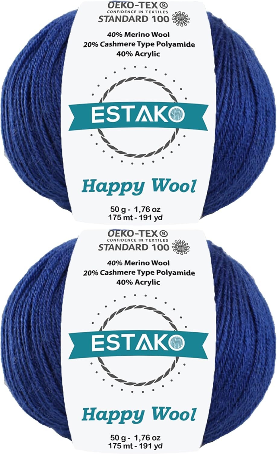 Estako Happy Wool (2 Skeins Pack) 40% Merino Wool 20% Cashmere Type Polyamide 40% Acyrlic Fingering Weight Soft Knitting and Crochet Yarn (2 x 1.76 oz) (2 x 191 yds) (8002 – Navy Blue)