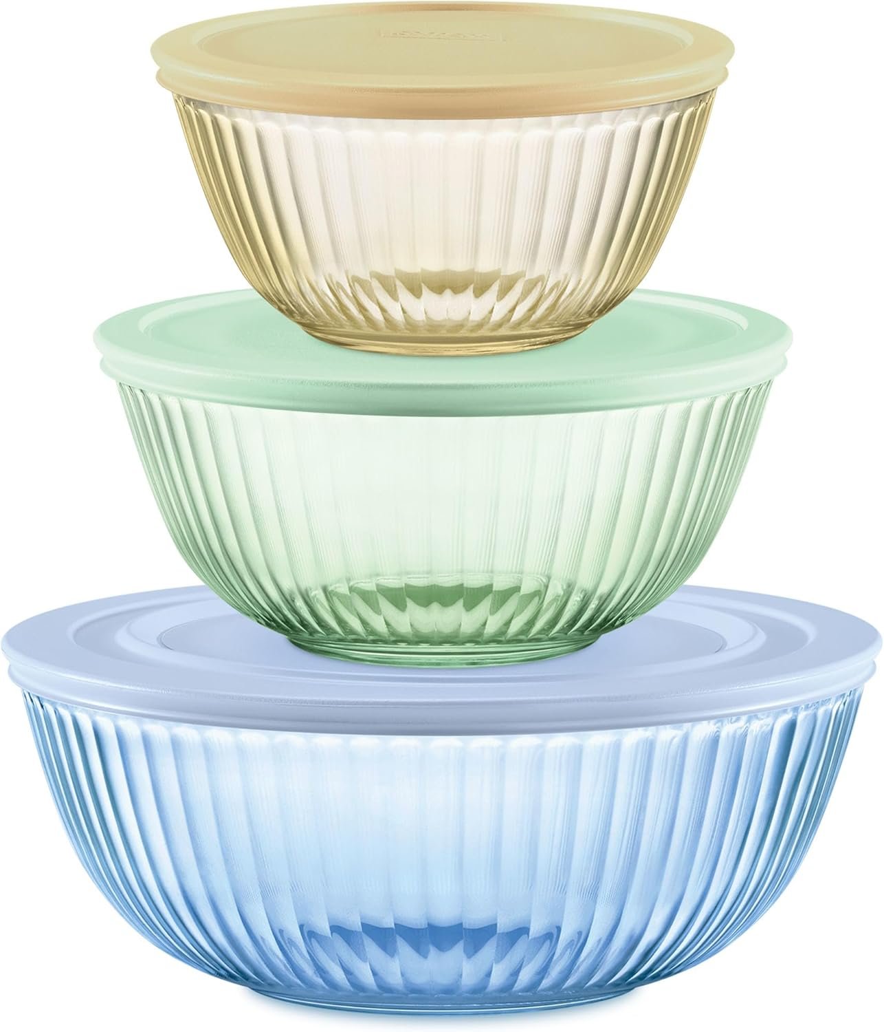 Pyrex Colors Tinted (3-Pack, Full Set) Sculpted Tinted Glass Mixing Bowls With Plastic Lids, Nesting Space Saving Set of Bowls For Prepping and Baking, 1.3QT, 2.3QT & 4.5QT