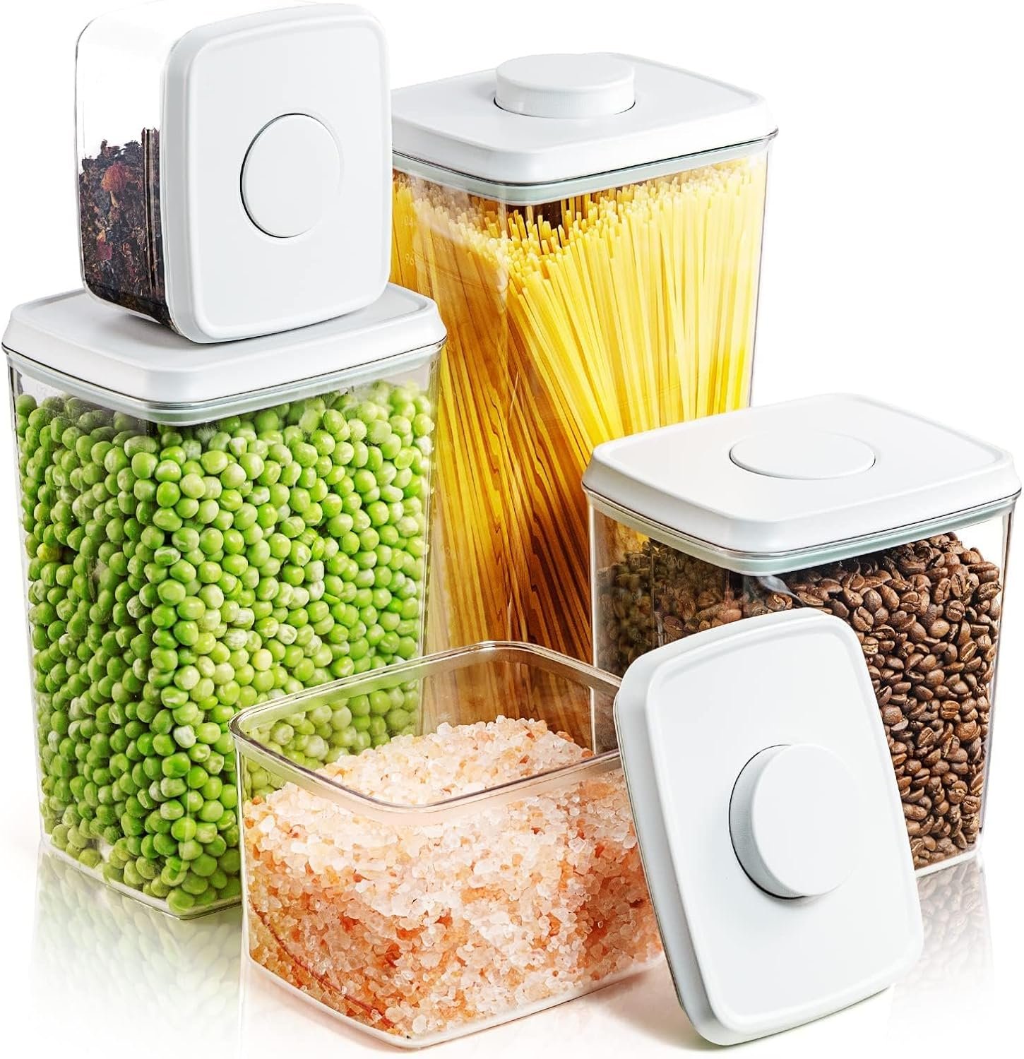 Airtight Food Storage Containers, 5 PCS Clear Pantry Organizers, BPA-Free Stackable Canisters with Measurement Marks & Pop-Top Lids for Cereal, Flour, Sugar, Rice, Pasta & Dry Food