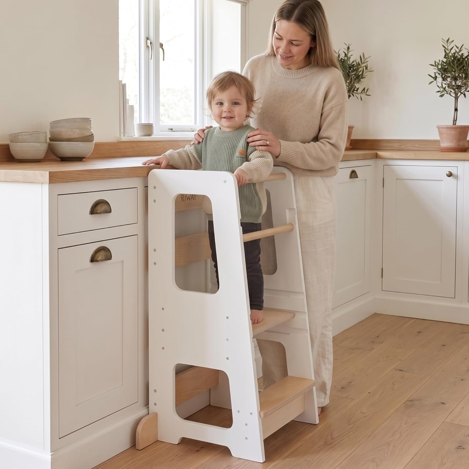 Toddler Tower for Kids, Adjustable Wooden Standing Tower & Kitchen Step Stool, Anti-Tip Montessori Tower with Removable Safety Rails & Non-Slip Steps – Sustainable Reclaimed Wood (White)