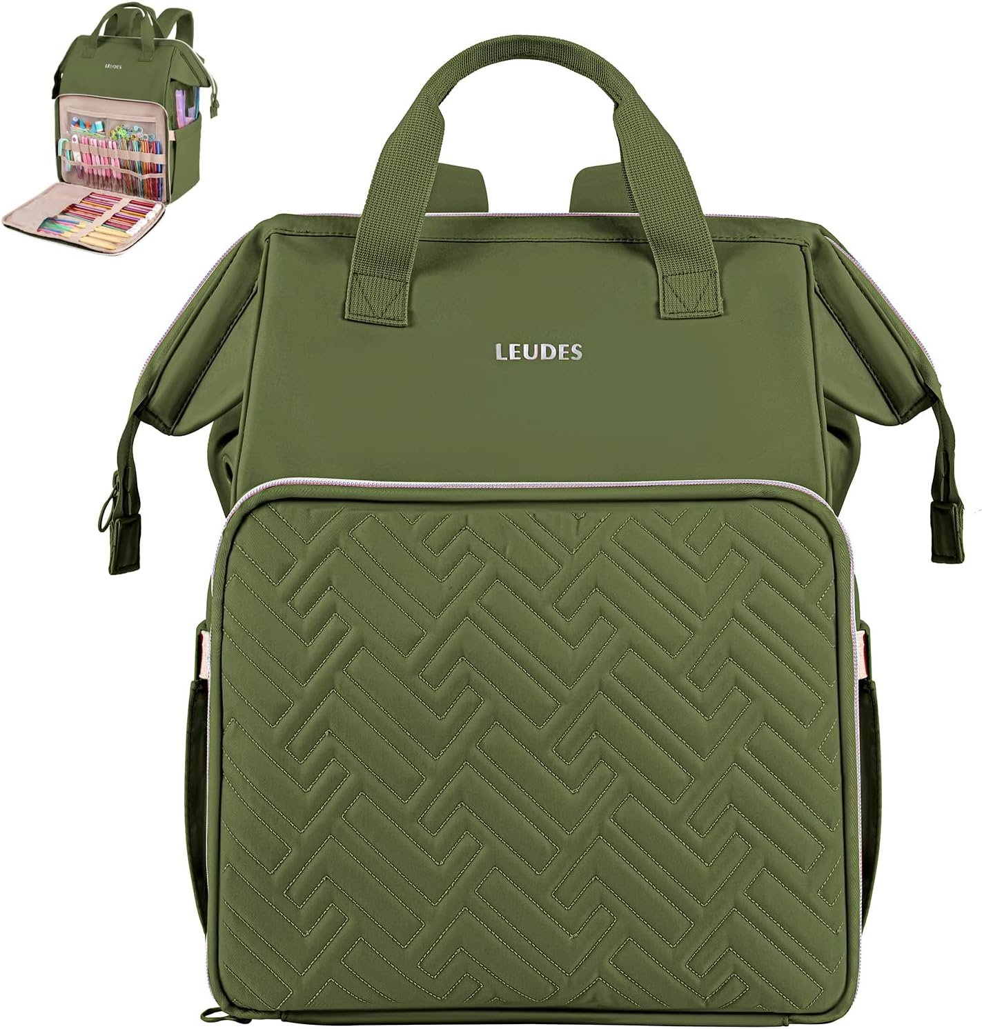 Leudes Knitting Bag Backpack,Yarn Storage Organizer Large Crochet Bag Tote Christmas Gift Yarn Holder Case for Carrying Projects,Knitting Needles (Army Green)