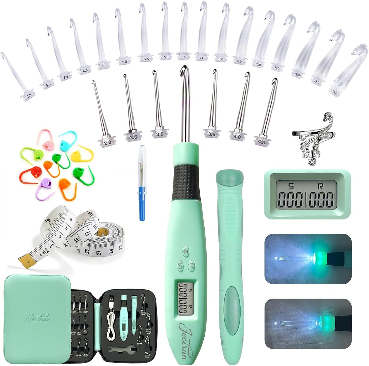 Jeciran 24 Interchangeable Heads Light Up Crochet Hook Set with Digital Stitch Counter,Ergonomic Rechargeable LED Crochet Hooks for Dark Yarn & Arthritic Hands,Knitting Tool Kit,Gifts for Crocheters
