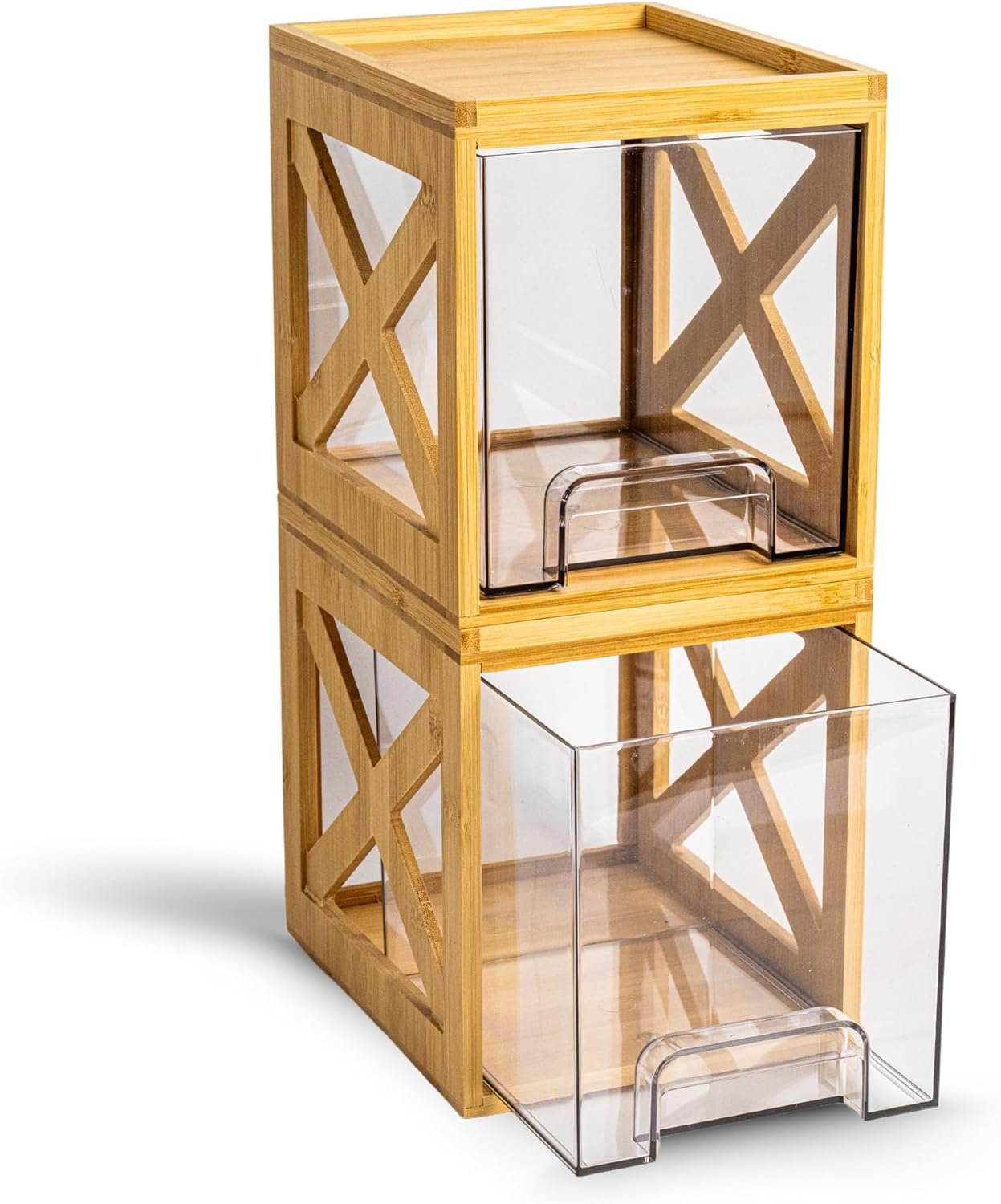 Stackable Bamboo Snack Drawer Organizer (2 Pack) – Pull-Out Storage Bins with Clear Acrylic Drawers – Pantry Storage for Snacks, Coffee Pods, Spices & K-Cups