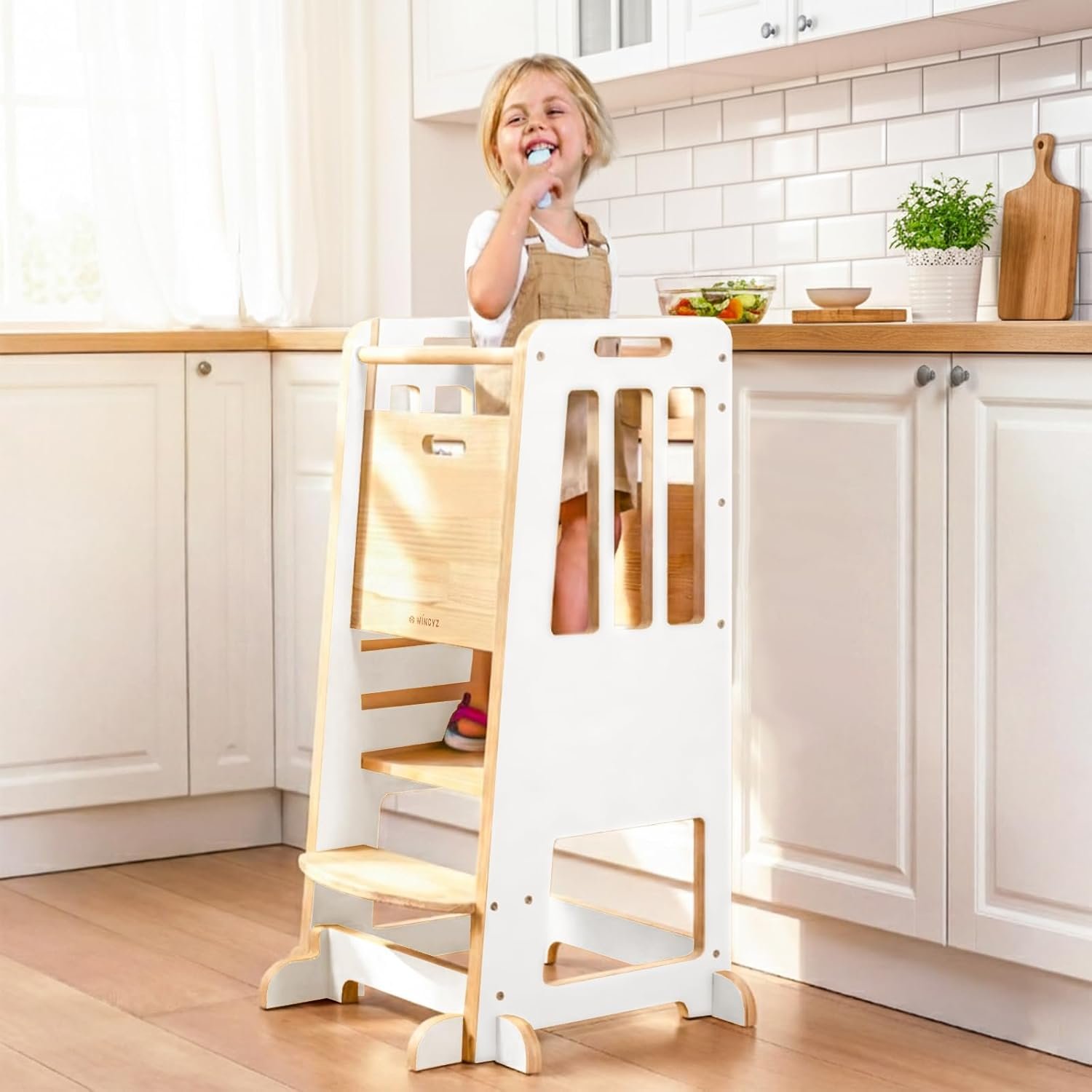 WINGYZ Toddler Tower – Anti-Tip Natural Wood Learning Stool Helper for Kids 18M-6Y, 150lb Capacity Kitchen Stool with 3-Height Adjustable Platform and Sliding Door Access, 20lb Portable Design, White