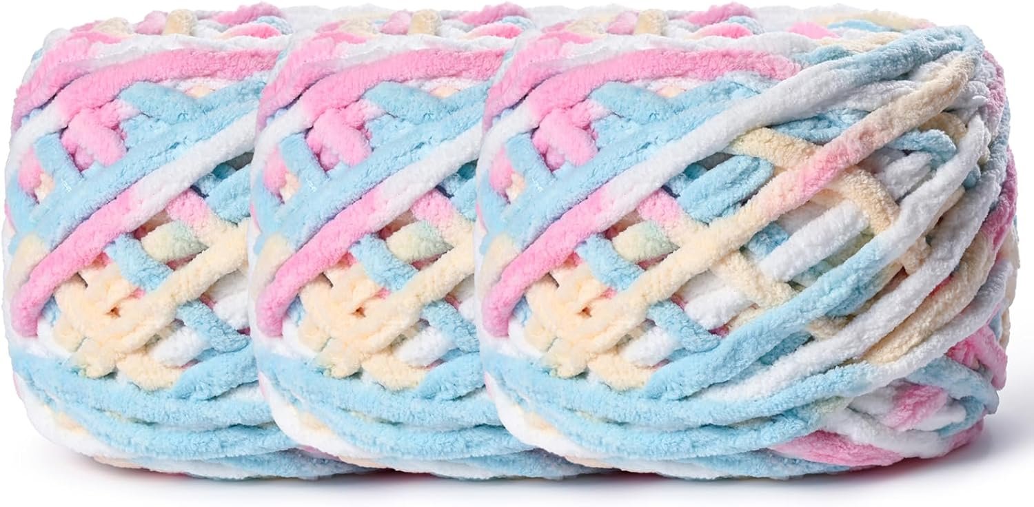 3 Pack Plush Chenille Chunky Yarn 100g (49.2yd) – Fluffy Velvet Yarn Crochet for Blanket Knitting and Crocheting – Baby Yarns for Crocheting Soft – Amigurumi Yarns (3 Candy Color)