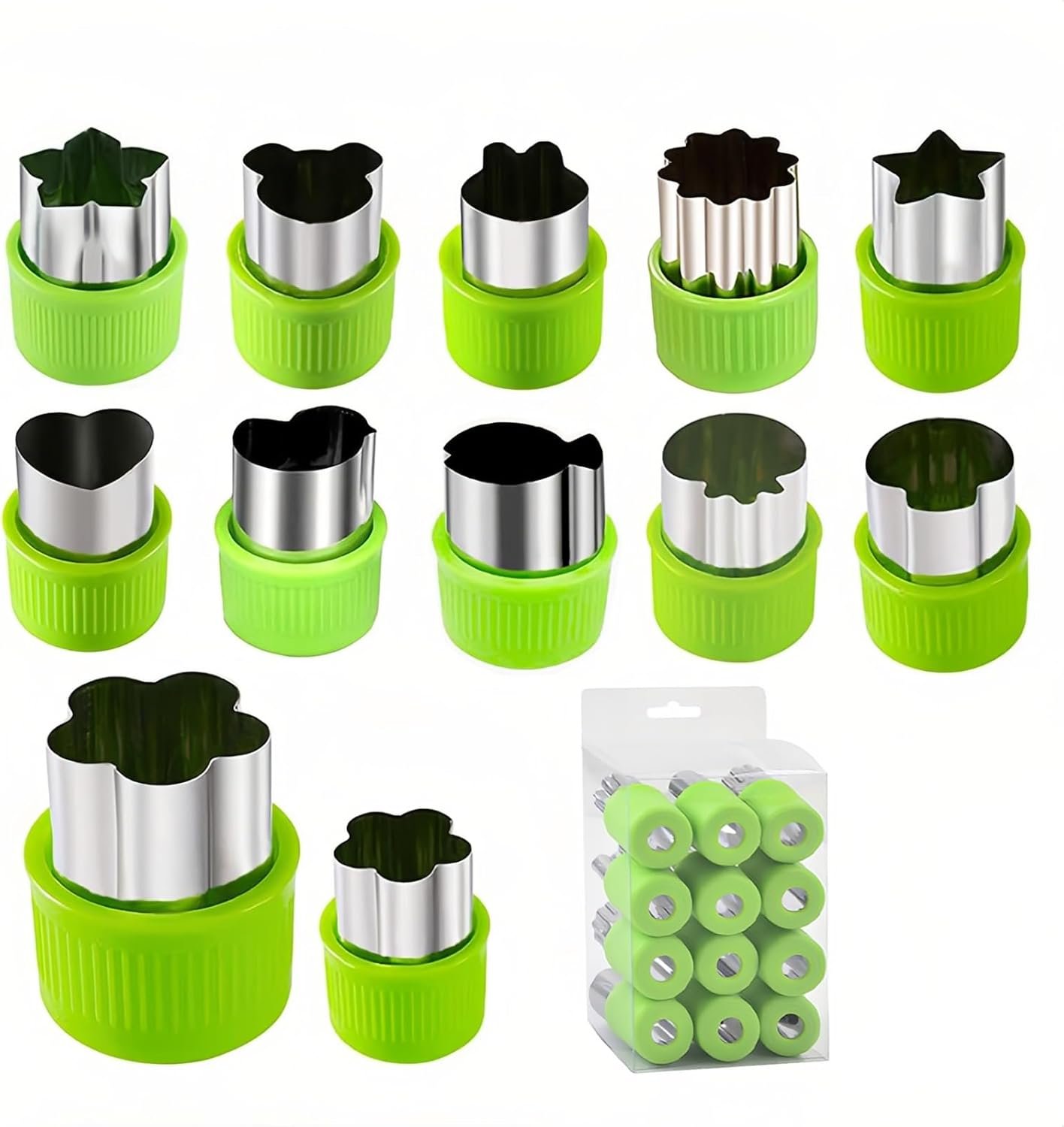 12-Piece teenager Cookie Cutters Set-Stainless Steel&BPA-Free Shapes for Baking (Bear,Rabbit,Star,Flower) DIY Cookies,Mini Pies,Fondant,Veggies|Dishwasher Safe,Gift for teenager & Parents (12, Green)