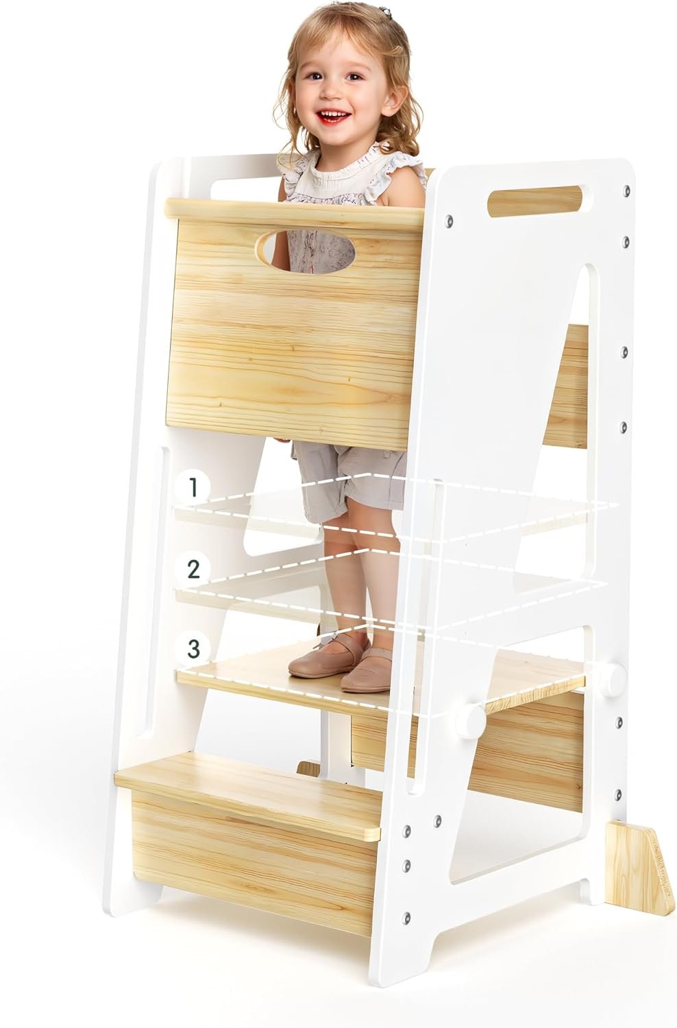 Toddler Standing Stool with Sliding Door for Safe Climbing, 3-Height Adjustable Kitchen Step Stool, Wooden Learning Tower for Kids, Non-Slip Feet