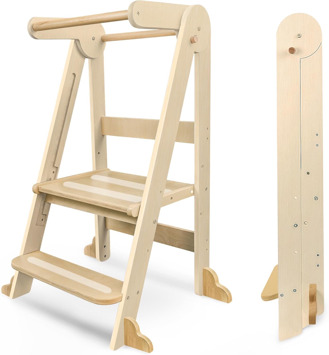 Foldable Toddler Standing Learning Tower, Wooden Kitchen Step Stool for Kids, 3 Adjustable Heights, Non-Slip & Safety Rails, Nursery Step Stools Helper for Kitchen Counter Bathroom (Natural)