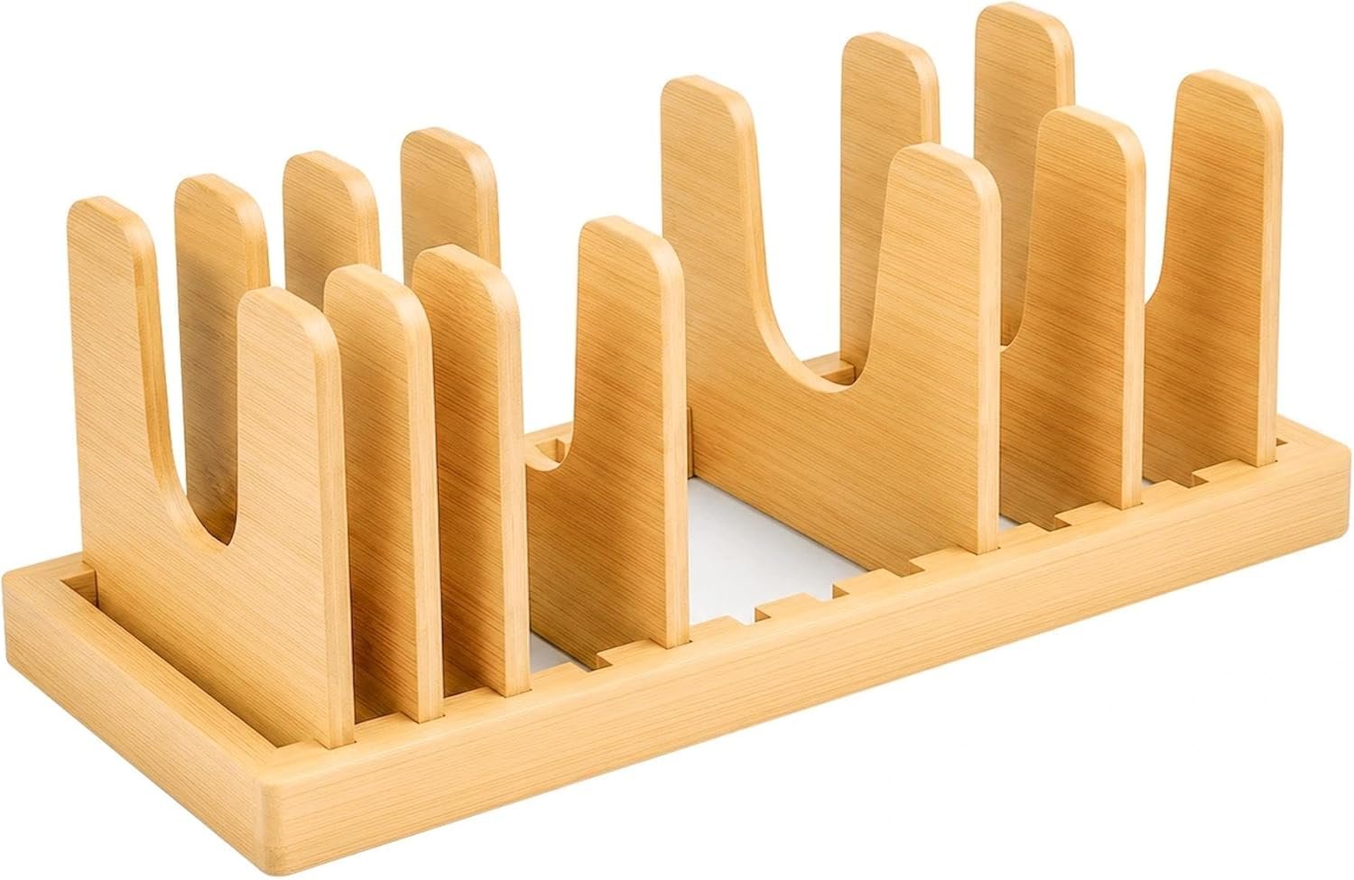 Premium Bamboo Pot Lid and Pan Organizer Rack for Kitchen Cabinets & Drawers – Adjustable Expandable Cookware Divider for Heavy Cast Iron, Baking Sheets & Plates – Scratch-Free Moisture-Resistant Wood
