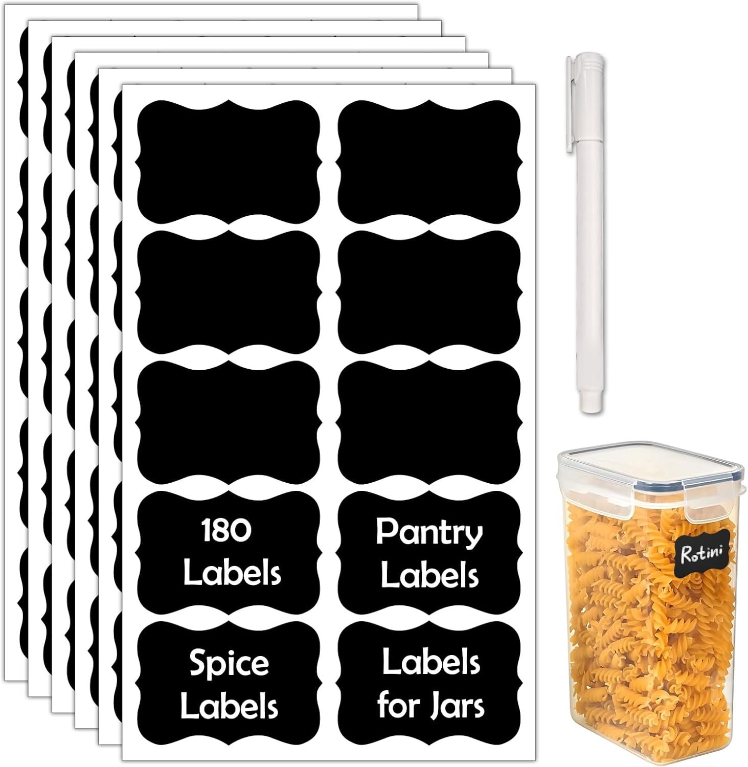 JIEHENG 180Pcs Chalkboard Labels for Jars, Waterproof Reusable Blackboard Stickers with 1 Liquid Chalk Markers, Organization Labels Removable (Black, Wavy)