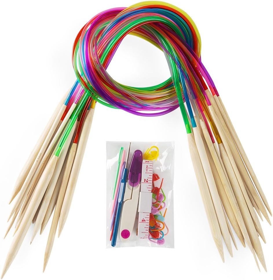 18 Pairs Bamboo Knitting Needles Set, Vancens Circular Wooden Knitting Needles with Colorful Plastic Tube, Small Tools for Weave are Included, 18 Sizes: 2mm – 10mm, 31.5″ Length
