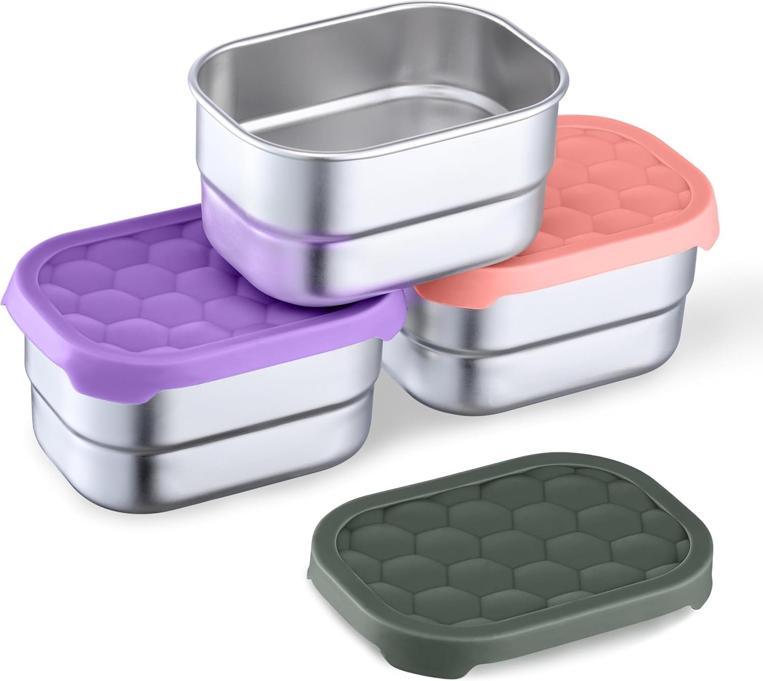Homikit 3 Pack Snack Containers for Kids, 18/10 Stainless Steel Toddler Lunch Box with Silicone Lids, Reusable Bento Food Container Set for School Daycare, Nontoxic & Leak Proof, Pink/Purple/Gray