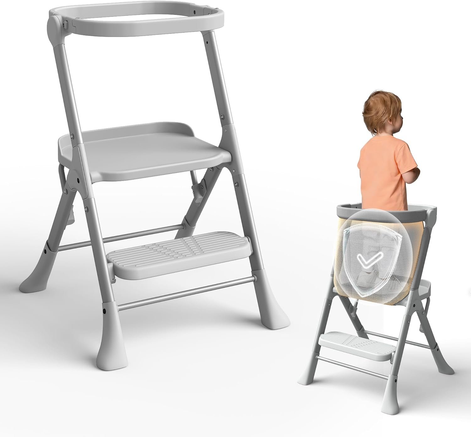 Toddler Tower, Non-Folding Structure for Maximum Stability, Kitchen Stool Helper with Anti-Tipping Structure and Safety Net, Ultra-Secure, Ideal for Toddlers 18 Months to 4 Years, Gray