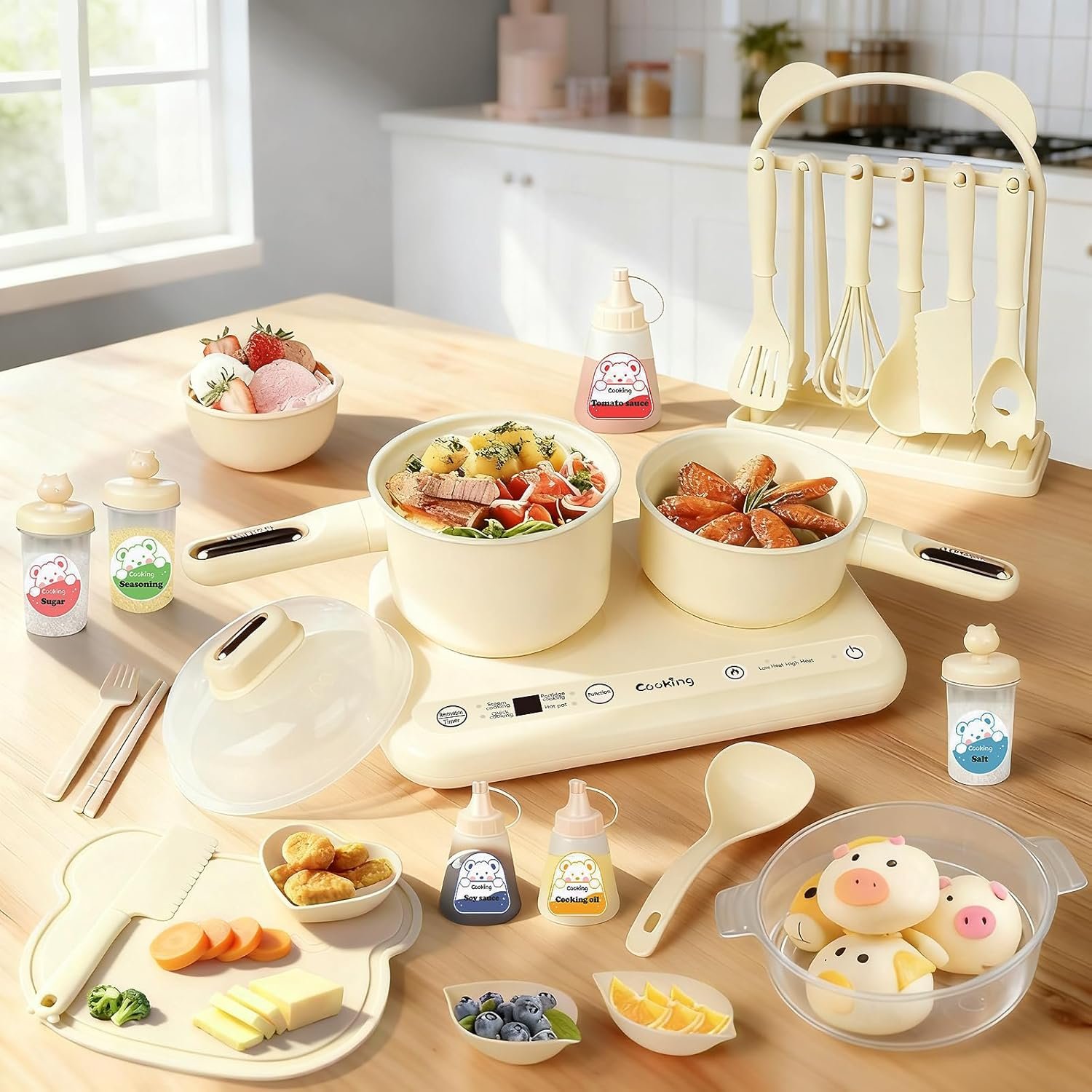 Cicicooie Mini Cooking Sets Real Kitchen for Food Making, Junior Easy Montessori Educational (Beige)