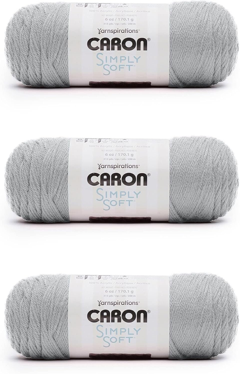 Caron Simply Soft Feathered Gray Yarn – 3 Pack of 170g/6oz – Acrylic – 4 Medium (Worsted) – 315 Yards – Knitting/Crochet