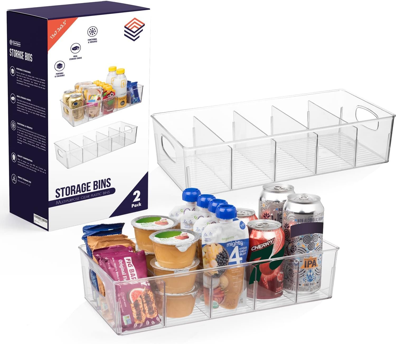 ClearSpace Plastic Pantry Organization and Storage Bins with Removable Dividers – XL Perfect Kitchen / Refrigerator/ Cabinet Organizers, 2 Pack