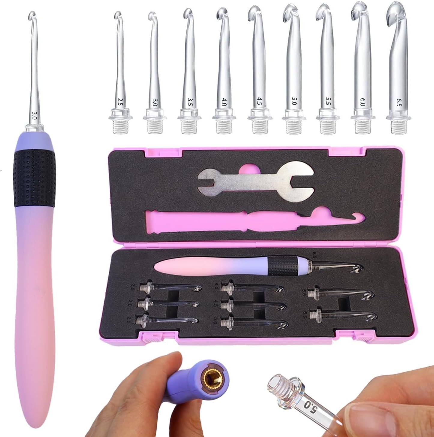 Yarniss Crochet Hooks Set, 9 Sizes 2.5mm-6.5mm Interchangeable Crochet Hooks with Screw Handle, Gradient Purple Ergonomic Comfort Grip, Comes with Wrench & Storage Case