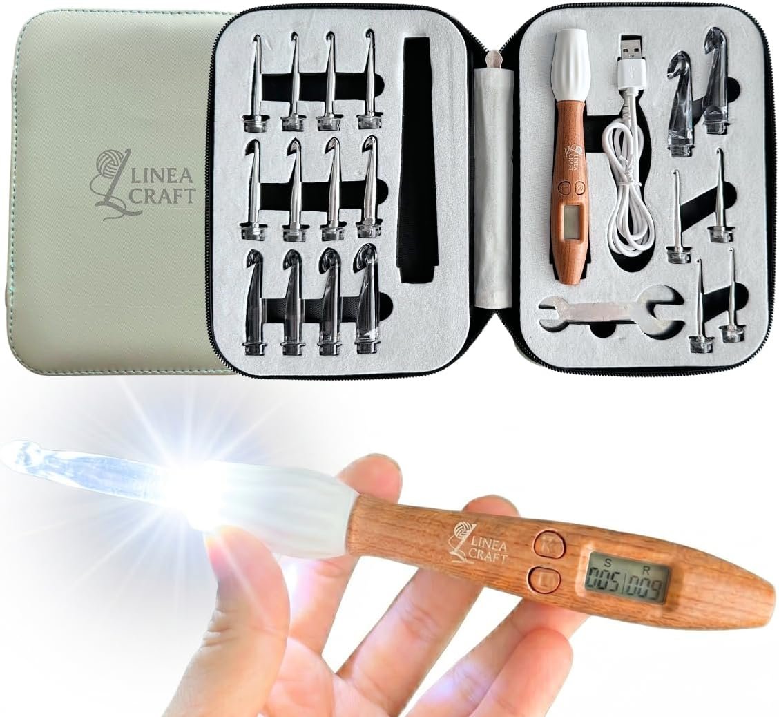 LineaCraft Counting Crochet Hook Set with Light & Counter – 18 Sizes Interchangeable Hooks Kit for Beginners, Light up, Digital Stitch & Row Counter, Ergonomic for Arthritic Hands – Crochet Gift