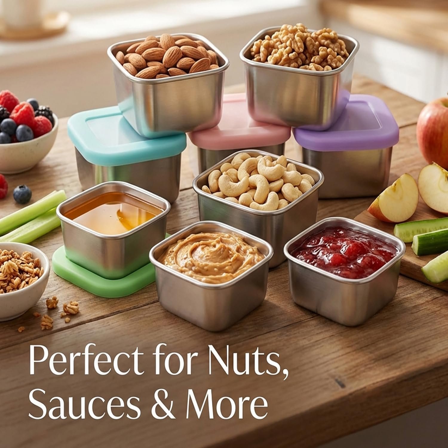 Stainless Steel Snack Containers with Clear Lids for Kids & Travel, 6oz Reusable On-the-Go Snack Boxs, Easy Open for Kids , Leak-proof & Stackable, Peek Inside Foods without Opening Bento Box (4 Pack)