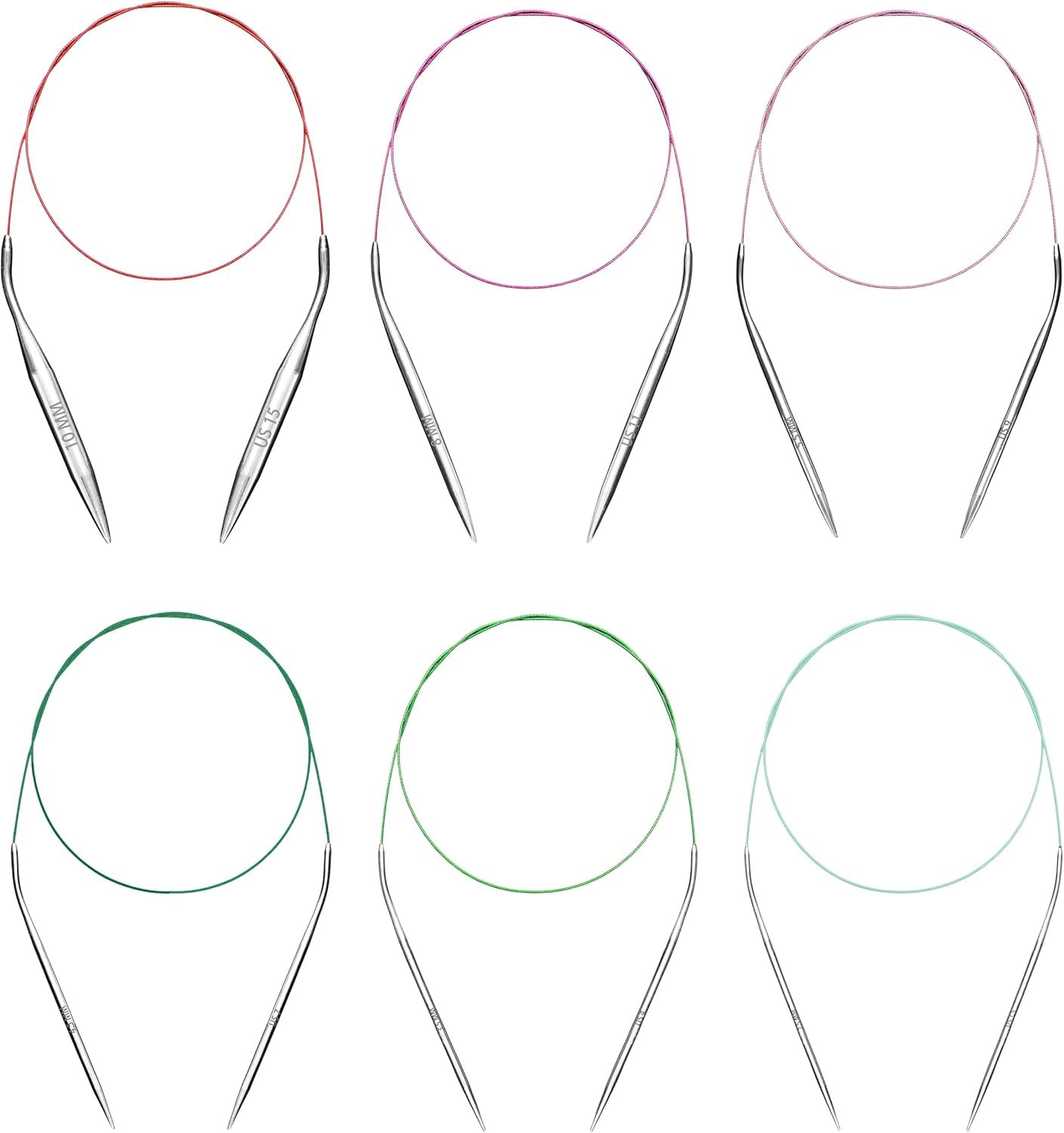 Circular Knitting Needles Set 6 Pairs 40 Inch (100 cm) Stainless Steel Round Needles for Magic Loop Sizes 15 11 9 7 4 1.5 Long Cable for Blankets Sweaters Scarves for Beginners & Knitters