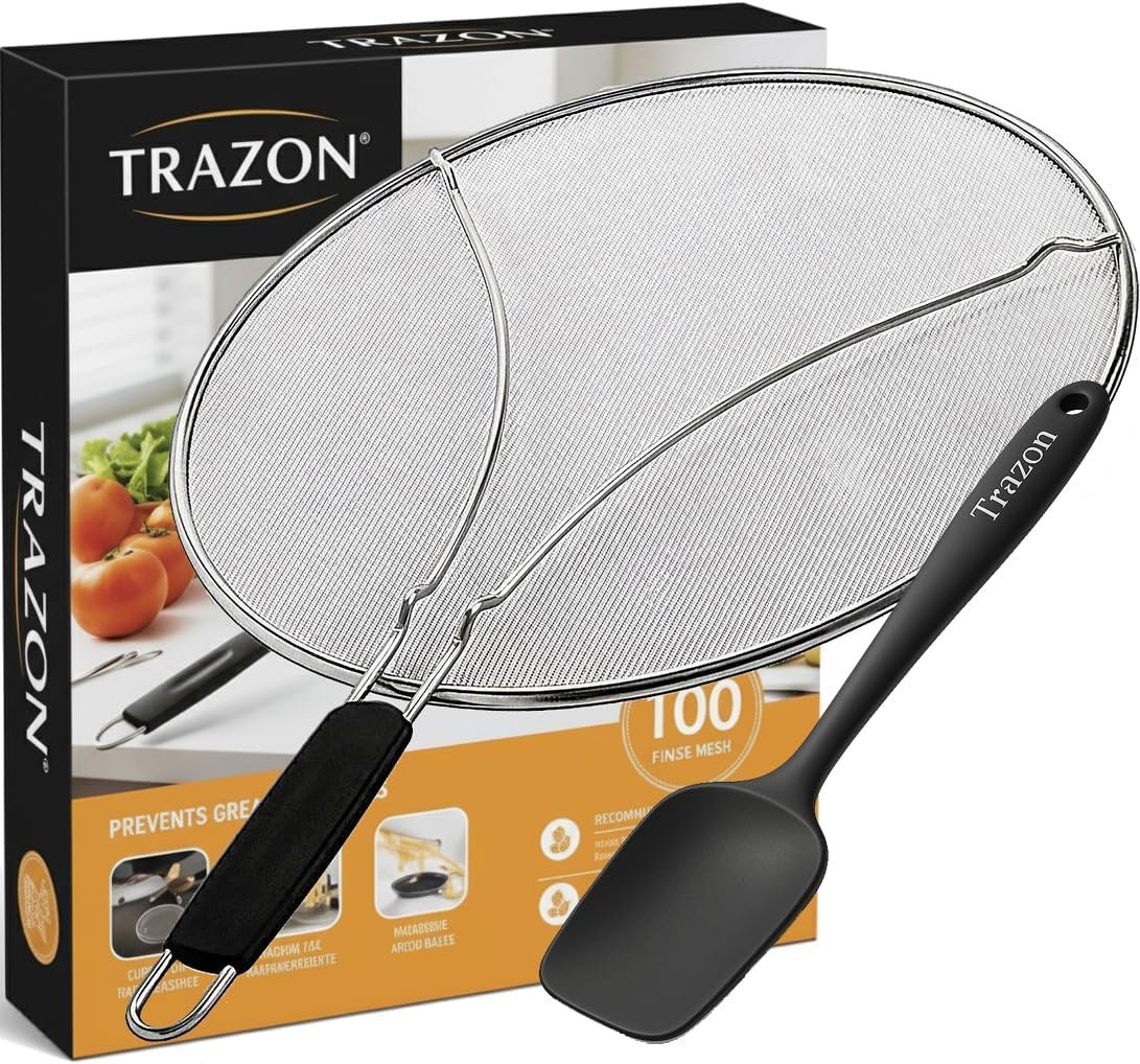 Grease Splatter Screen for Frying Pan 13 inch – Stops 99% of Hot Oil Splash – Protects Skin from Burns – Splatter Guard for Cooking – Iron Skillet Lid Keeps Kitchen Clean, includes Silicone Spatula