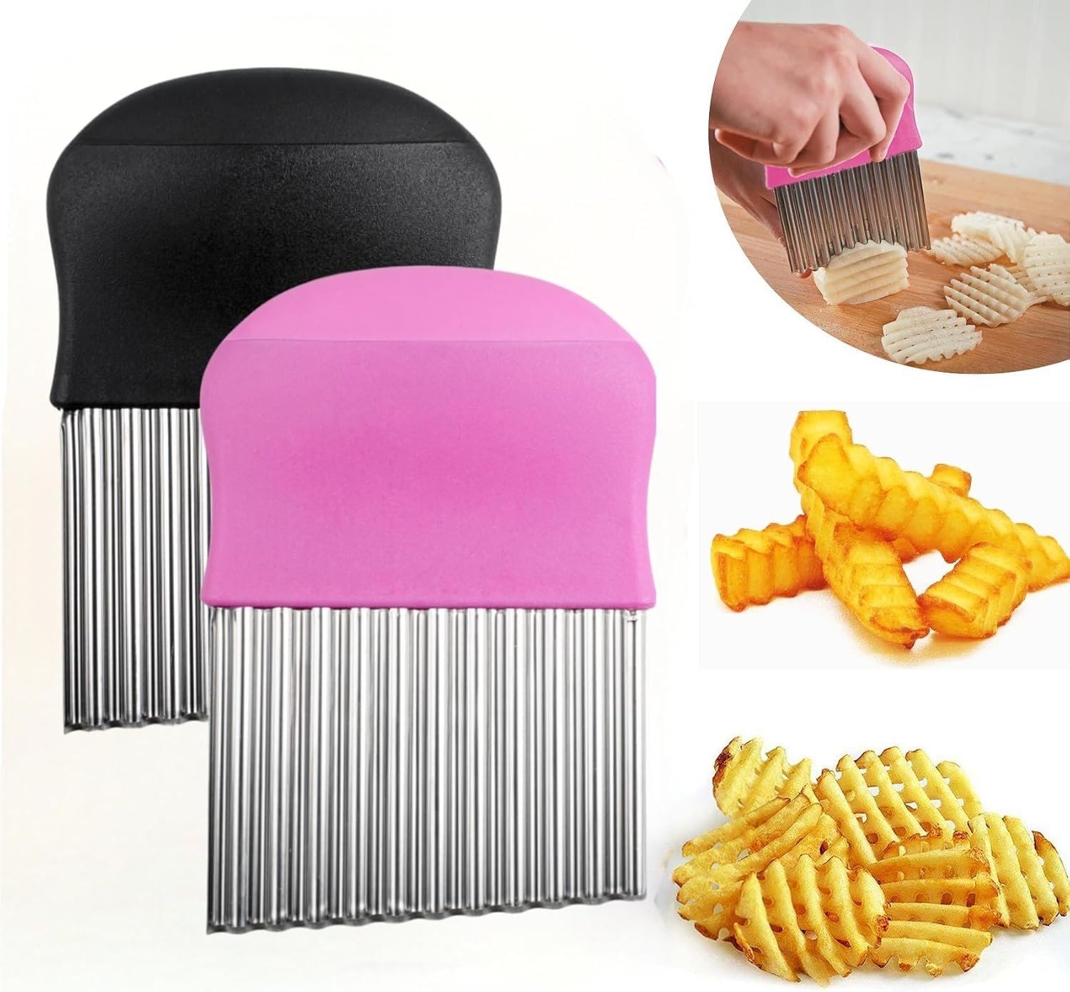 Waffle Fry Cutter for Potatoes, Crinkle Cut Knife, Vegetable Crinkle Cutters, Potatoes Slicer, for Joseph Avocado Slicer, Black and Pink, 2 Pack