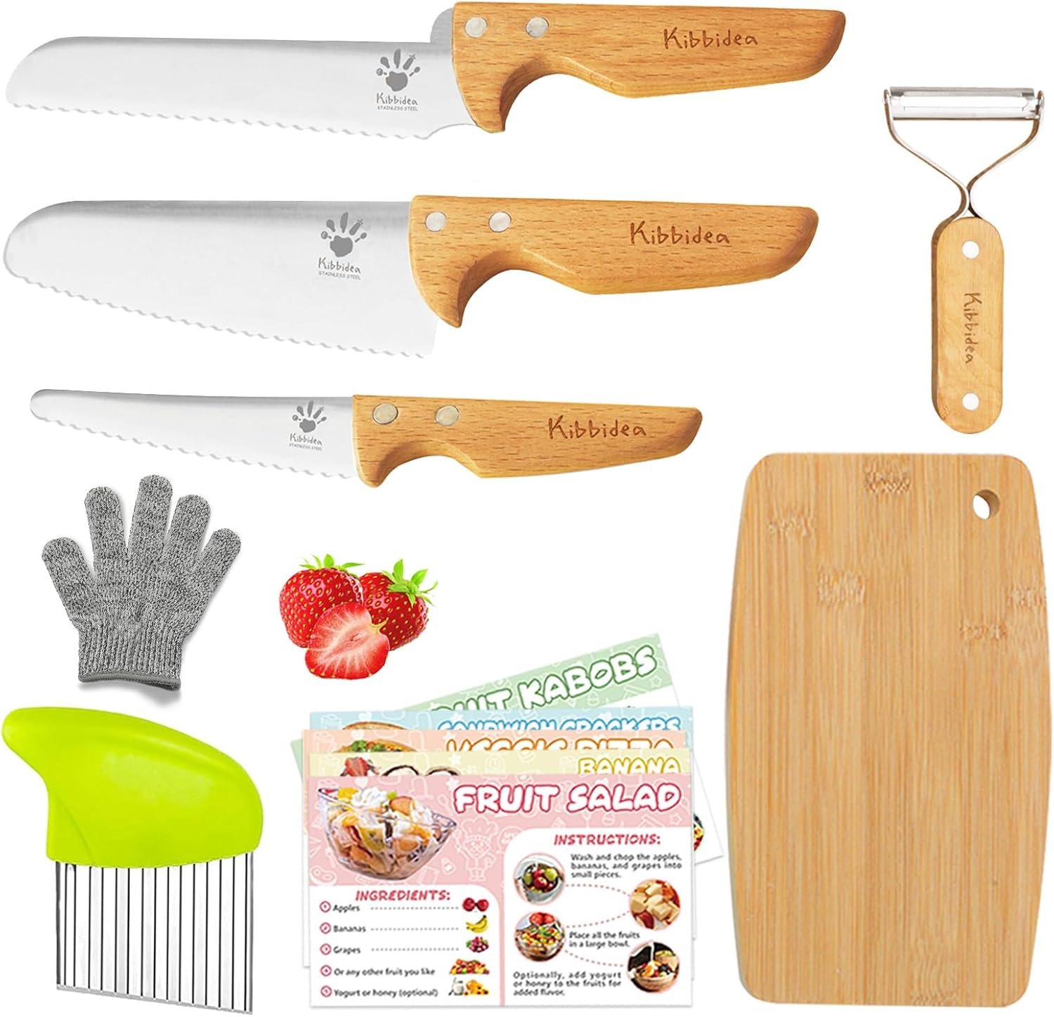 Kibbidea Kids Safe Knife set for Real Cooking, 11-Piece Kids Cutting Board & Kitchen Knife Set, BPA-free, Stainless Steel Blade, Wooden Handle, Peeler & Gloves, Serrated Child Friendly Chef Knives.