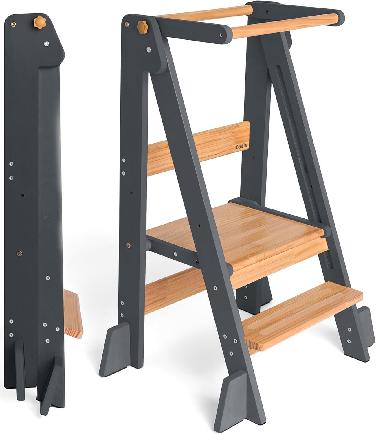 OCODILE Adjustable Foldable Toddler Tower – Folding Tower for Kids | Montessori Toddler Kitchen Step Stool Helper for Independence – Gray