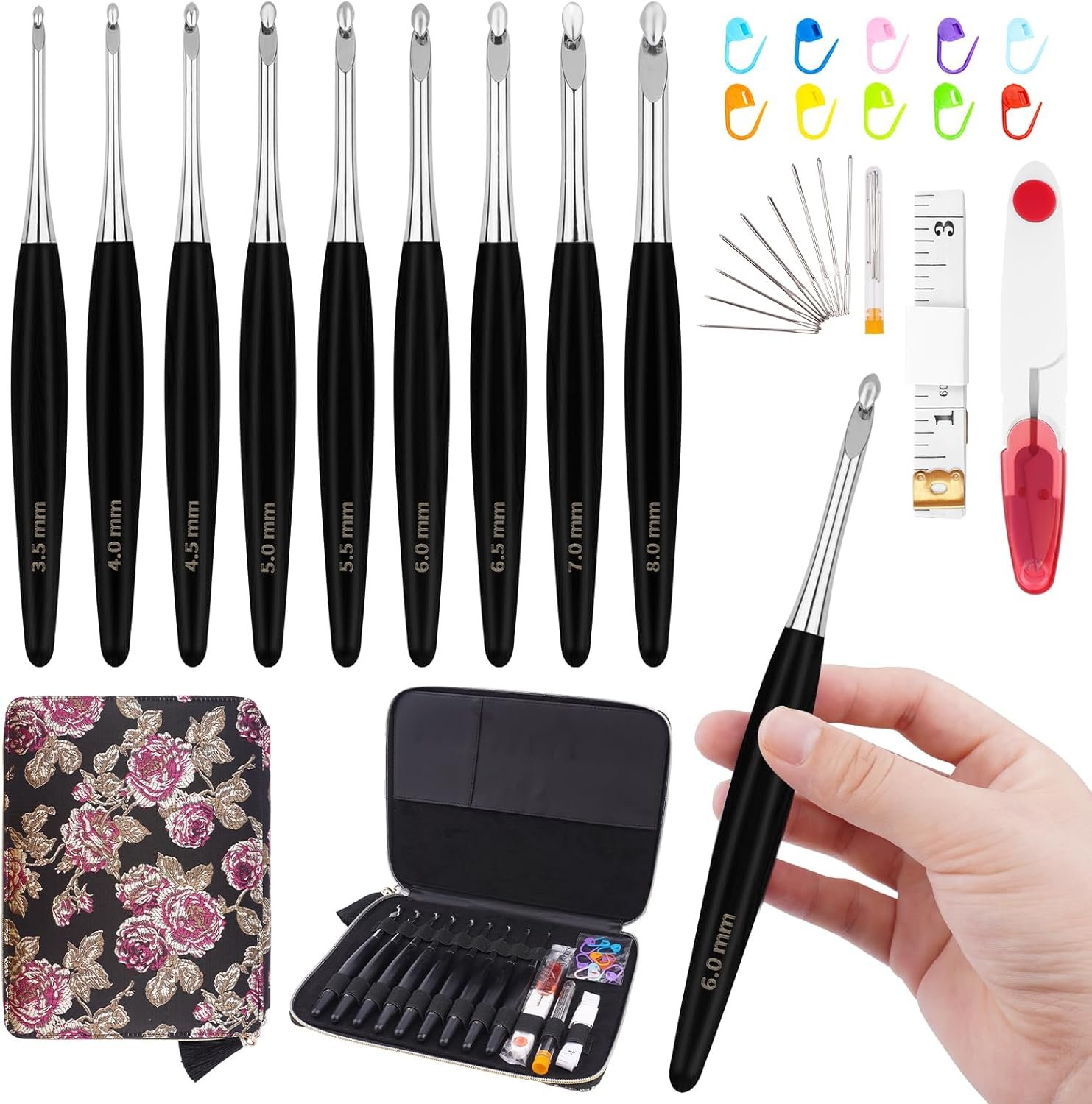 WAZAIGUR Wooden Handle Inline Ergonomic Crochet Hooks Set, 9 Sizes 3.5mm-8mm, Black Crochet Hooks for Arthritic Hands
