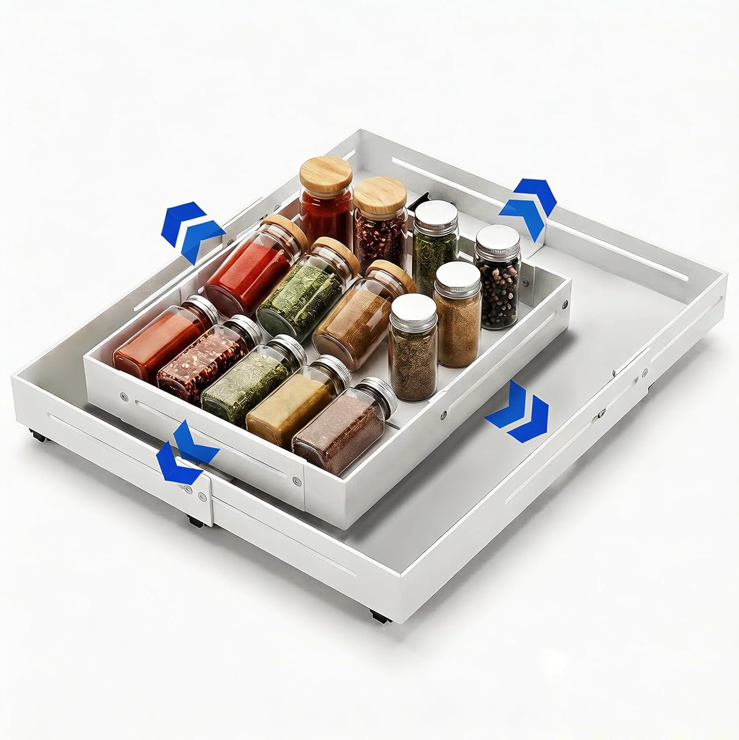 Pull out Cabinet Organizer, Full Metal Expandable Width (14.8″-20.8″) & Depth (12.4″-17.7″) Adjustable Slide out Drawers, No Drill Adhesive Roll out Shelves for Kitchen Pantry, White