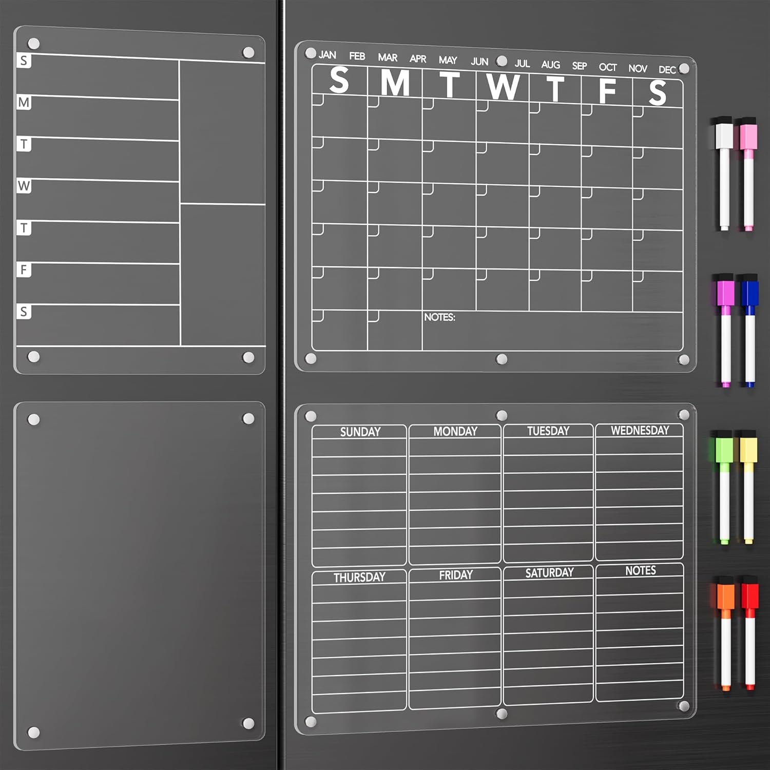 Neatsure 4Pcs Acrylic Magnetic Dry Erase Board Calendar for Fridge, Clear Monthly Weekly Daily Meal Menu Planner Whiteboard for Refrigerator, Notepad Memo White Board, w/ 8 Colors Markers, 15″x11″