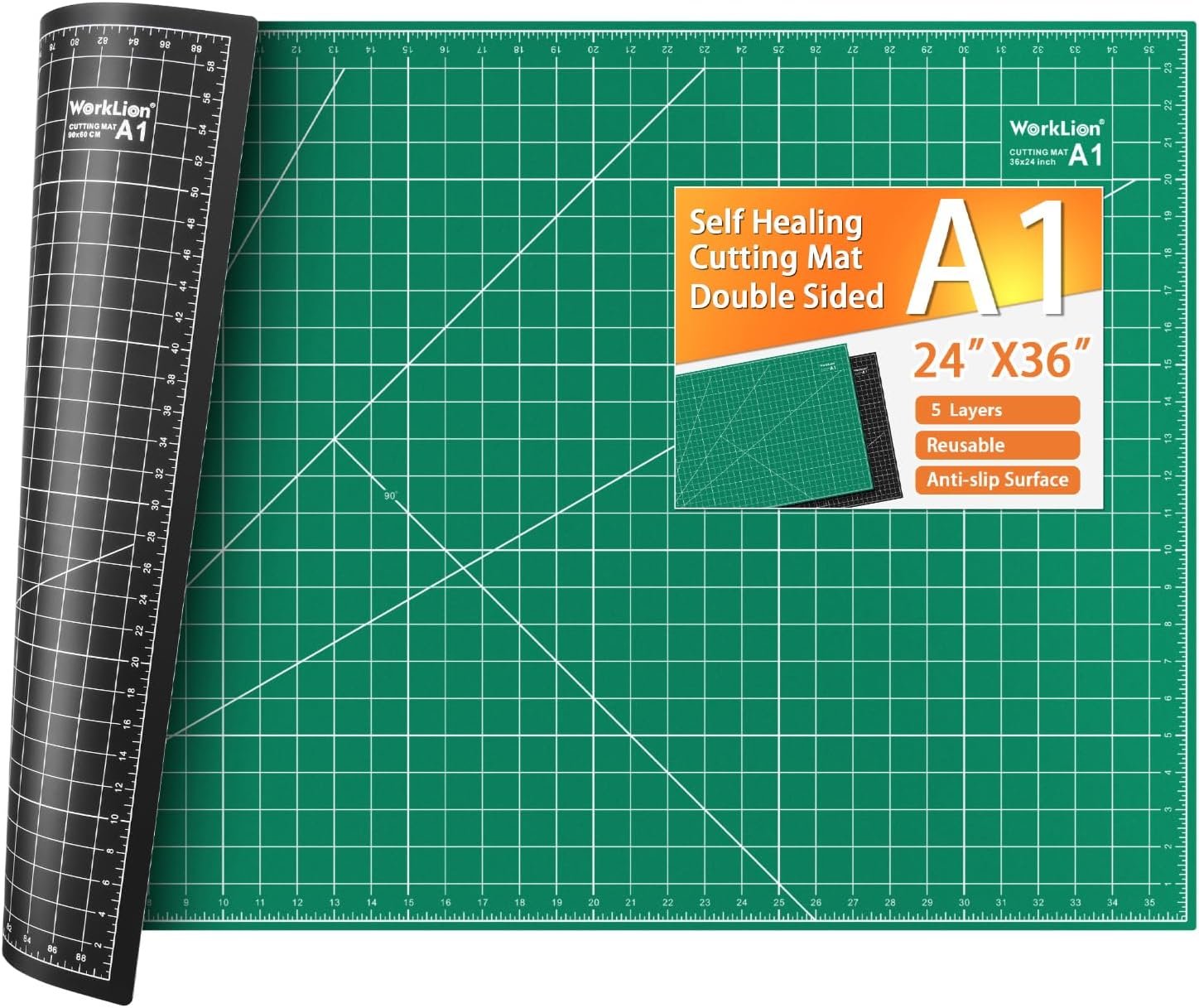 WORKLION Self Healing Cutting Mat: 24 x 36 inch Large Double Sided 5-Layer Gridded PVC Cut Mat for Sewing & Quilting & Scrapbooking & Arts and Crafts Projects (Green/Black)…