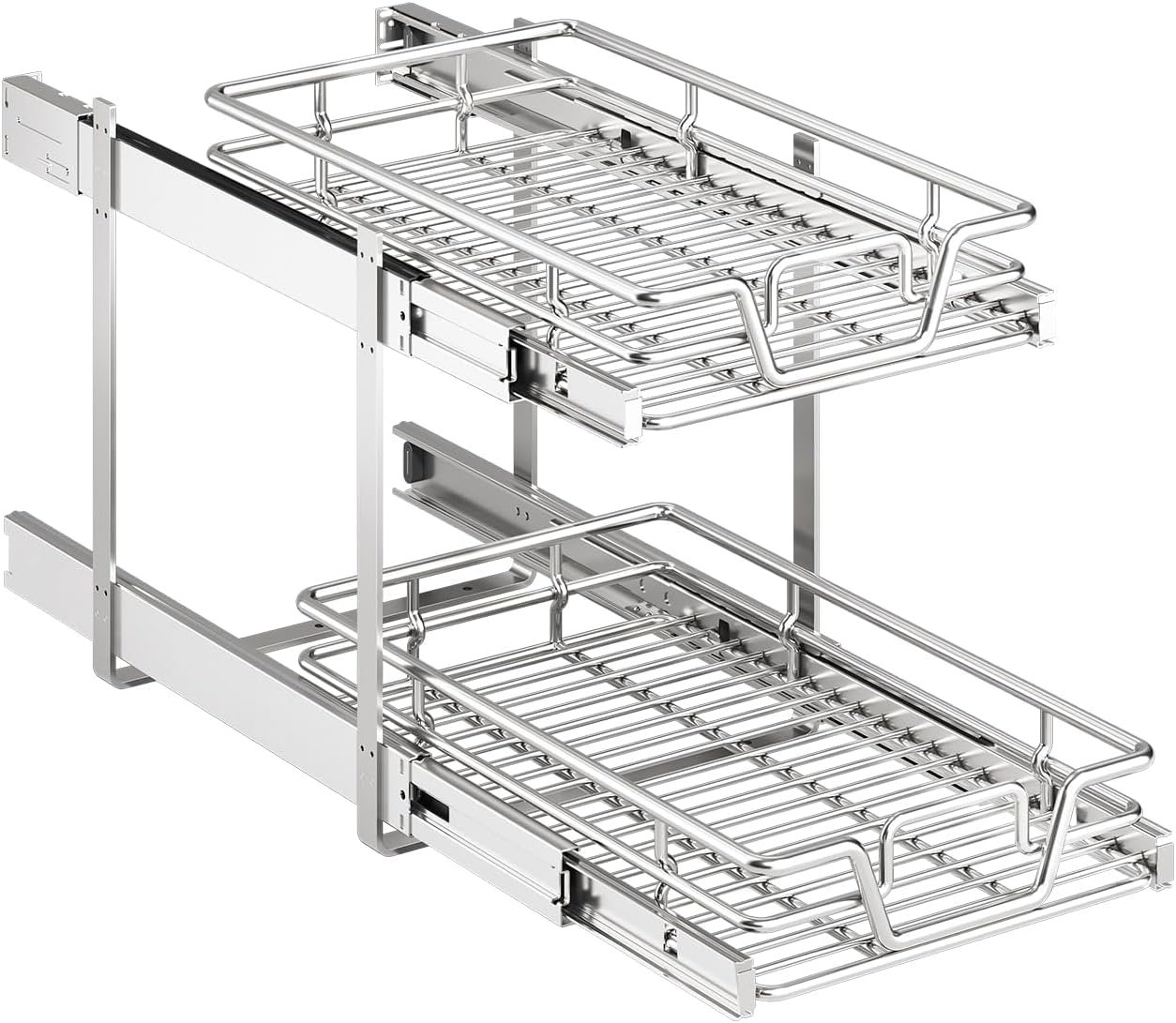2-Tier Kitchen Cabinet Pull Out Shelf and Drawer Organizer Slide Out Pantry Storaqe Basket in Multiple Sizes (14″ W x 21″ D)