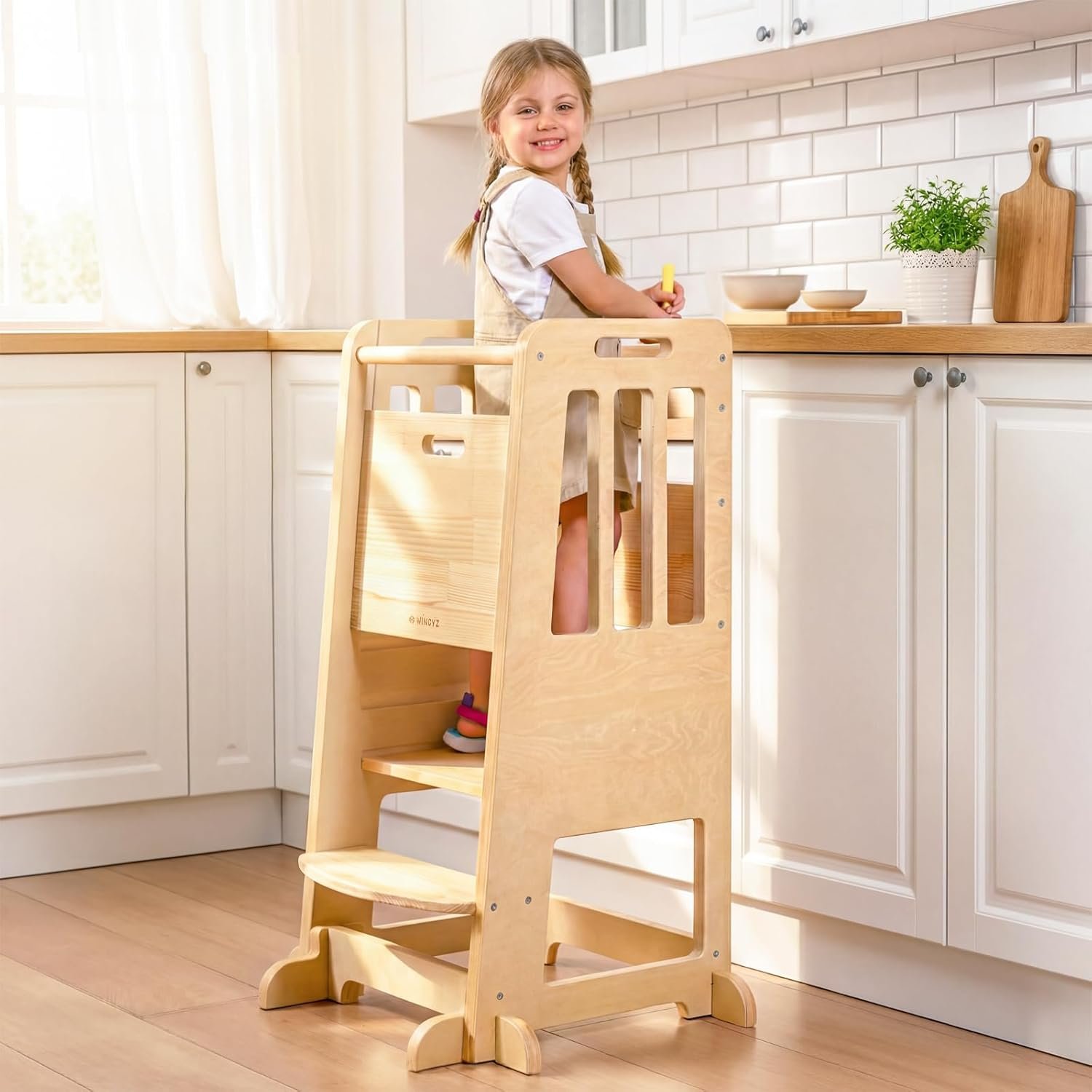 WINGYZ Toddler Tower – Anti-Tip Natural Wood Learning Stool Helper for Kids 18M-6Y, 150lb Capacity Kitchen Stool with 3-Height Adjustable Platform and Sliding Door Access, 20lb Portable Design, Wood