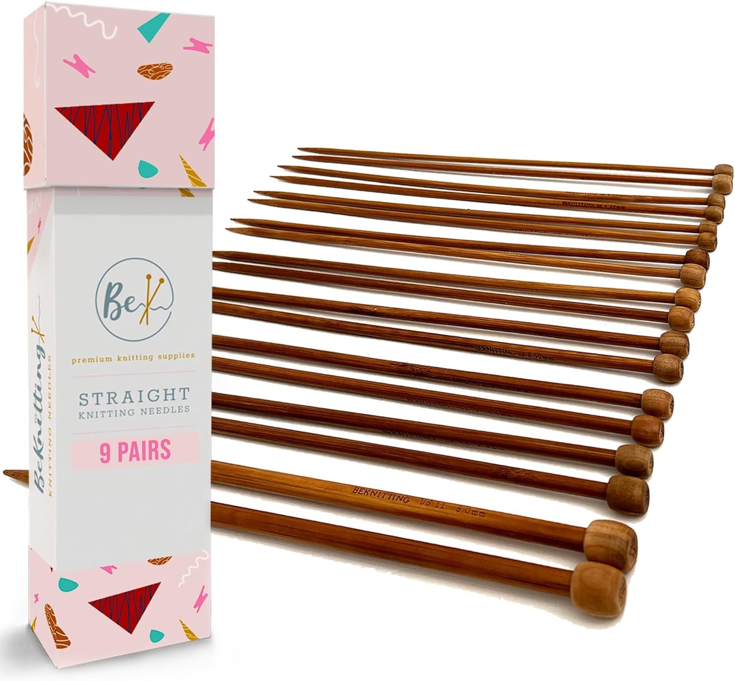 BeKnitting 9pc (10″) High-Quality Bamboo Straight Knitting Needles Set for Adults & Kids | Carrying Case | Holiday Christmas Gifts, Gift-Ready Box