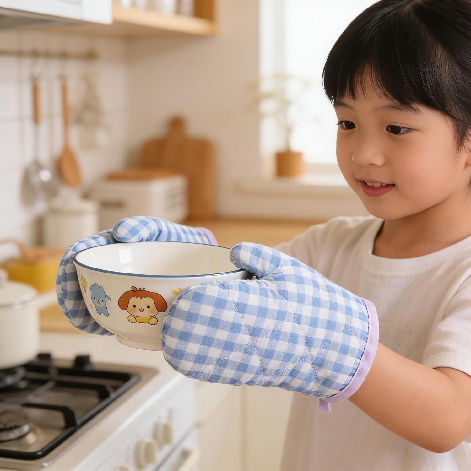 4PCS Kids Oven Mitts for Kitchen, Heat Resistant Kids Oven Gloves, Toddler Oven Mitts for Oven Grilling Cooking Baking Child Play (Blue)