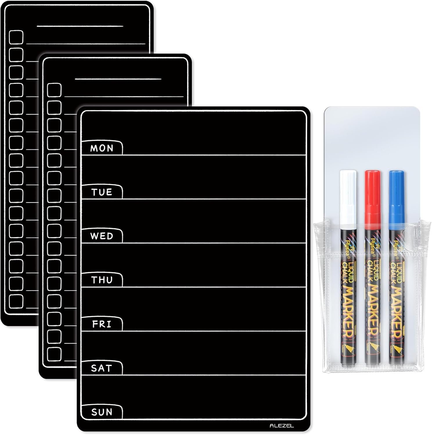 ALEZEL Magnetic Menu Board for Fridge, Weekly Calendar Blackboard Set for Refrigerator – Includes Weekly Black Dry Erase Board for Kitchen & 2 Grocery List, 3 Chalk Markers + Eraser