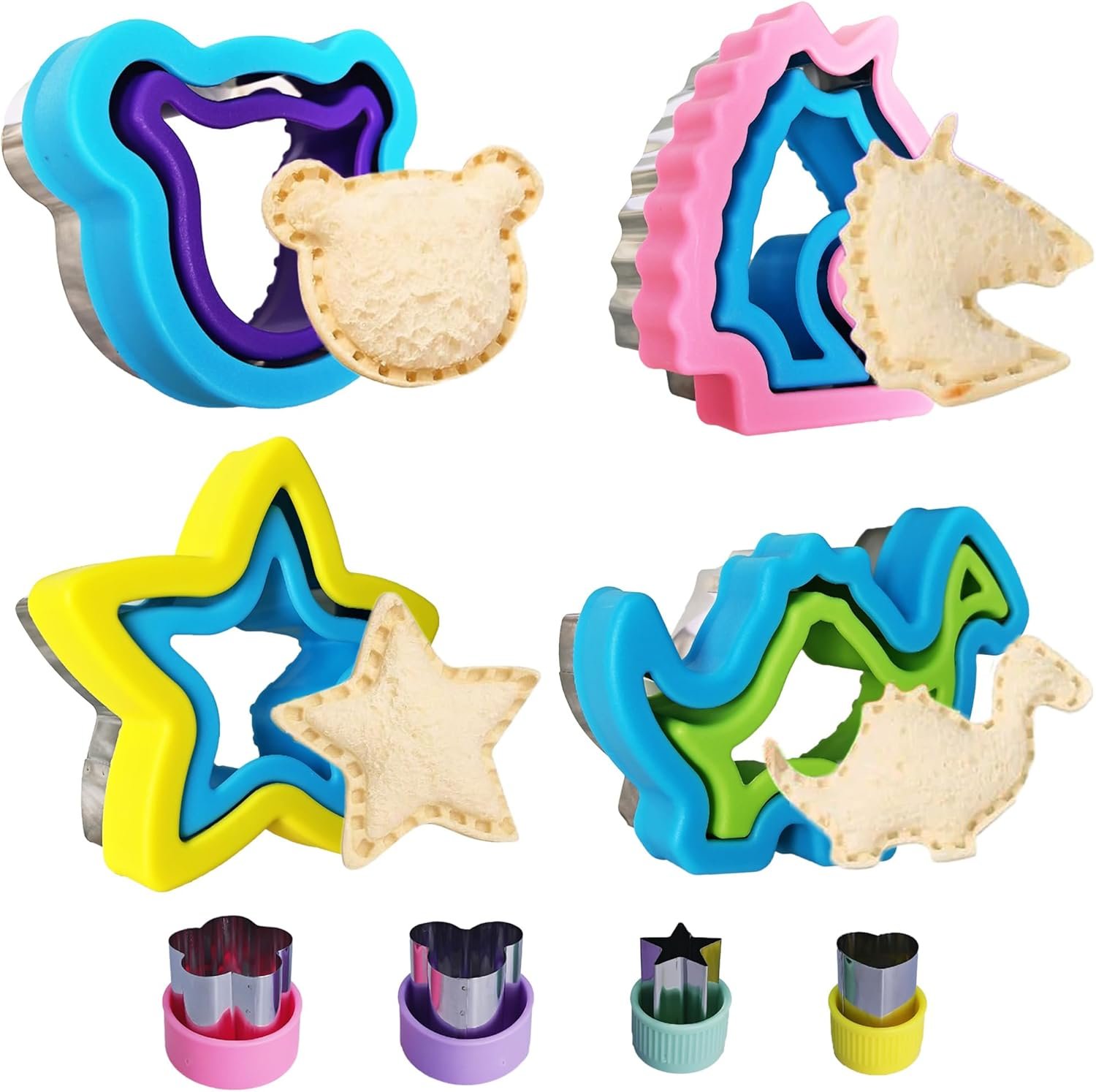 Uncrustable Sandwich Cutter and Sealer Set for Kids – 4 Pack Sandwich Bread Maker with Fun Shapes (Unicorn, Dinosaur, Heart etc) and 4 Fruit Cookie Cutters, Perfect for Lunch & Bento Box (8)