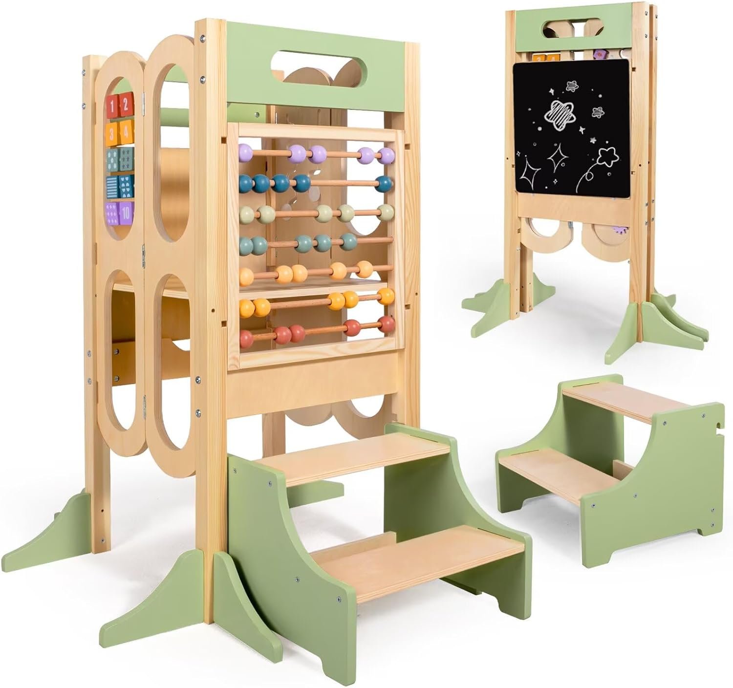 aiwo 6in1 Foldable Toddler Tower with 2-Step Stool Kitchen Standing Stool for 18 Months-6 Years, 3 Adjustable Heights, Chalkboard & Montessori Learning Activities, Compact for Small Spaces