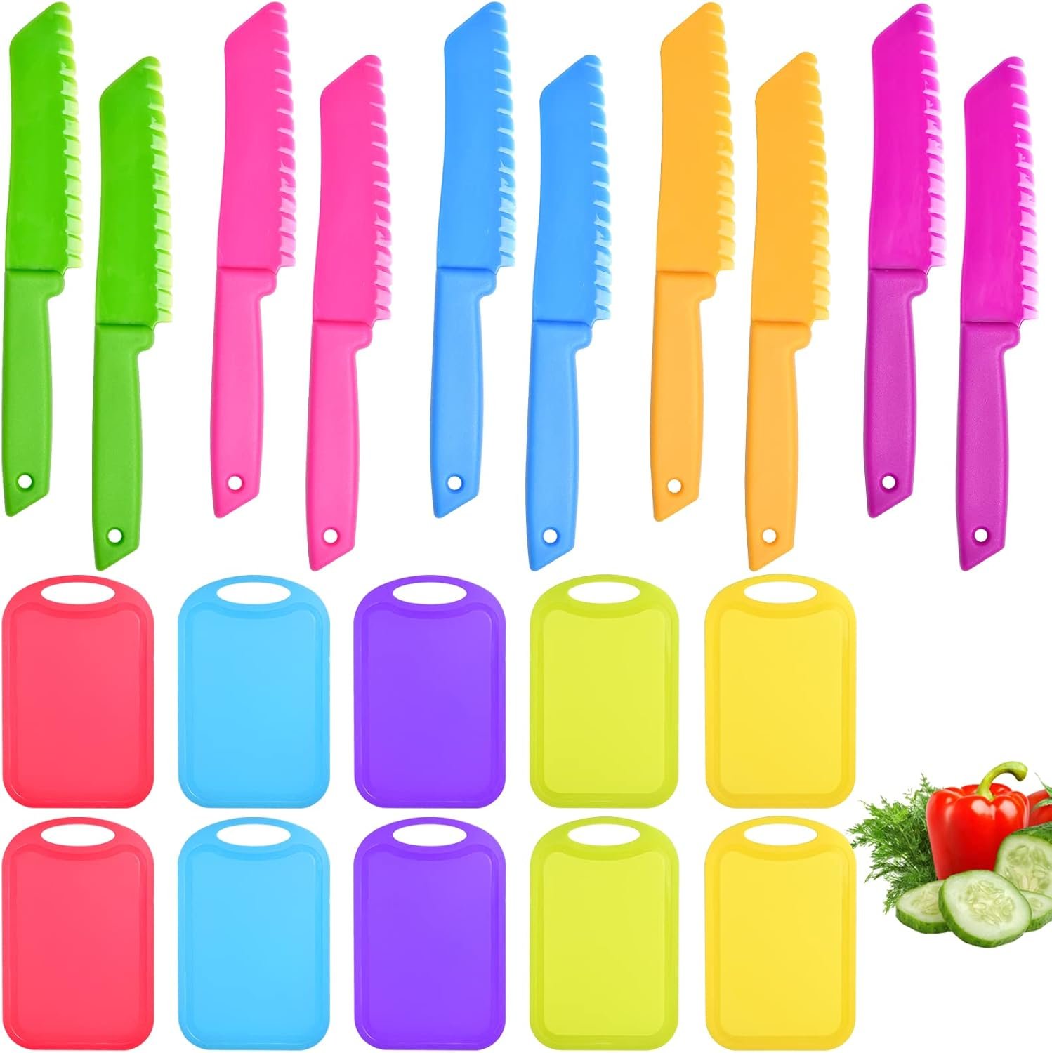 20 Pcs Kids Knife Set with Cutting Board, Plastic Child Safe Knives for Real Cooking Serrated Edges Toddler Knife Children Chopping Board, Kid Cutting Utensils for Fruit, Bread, Lettuce