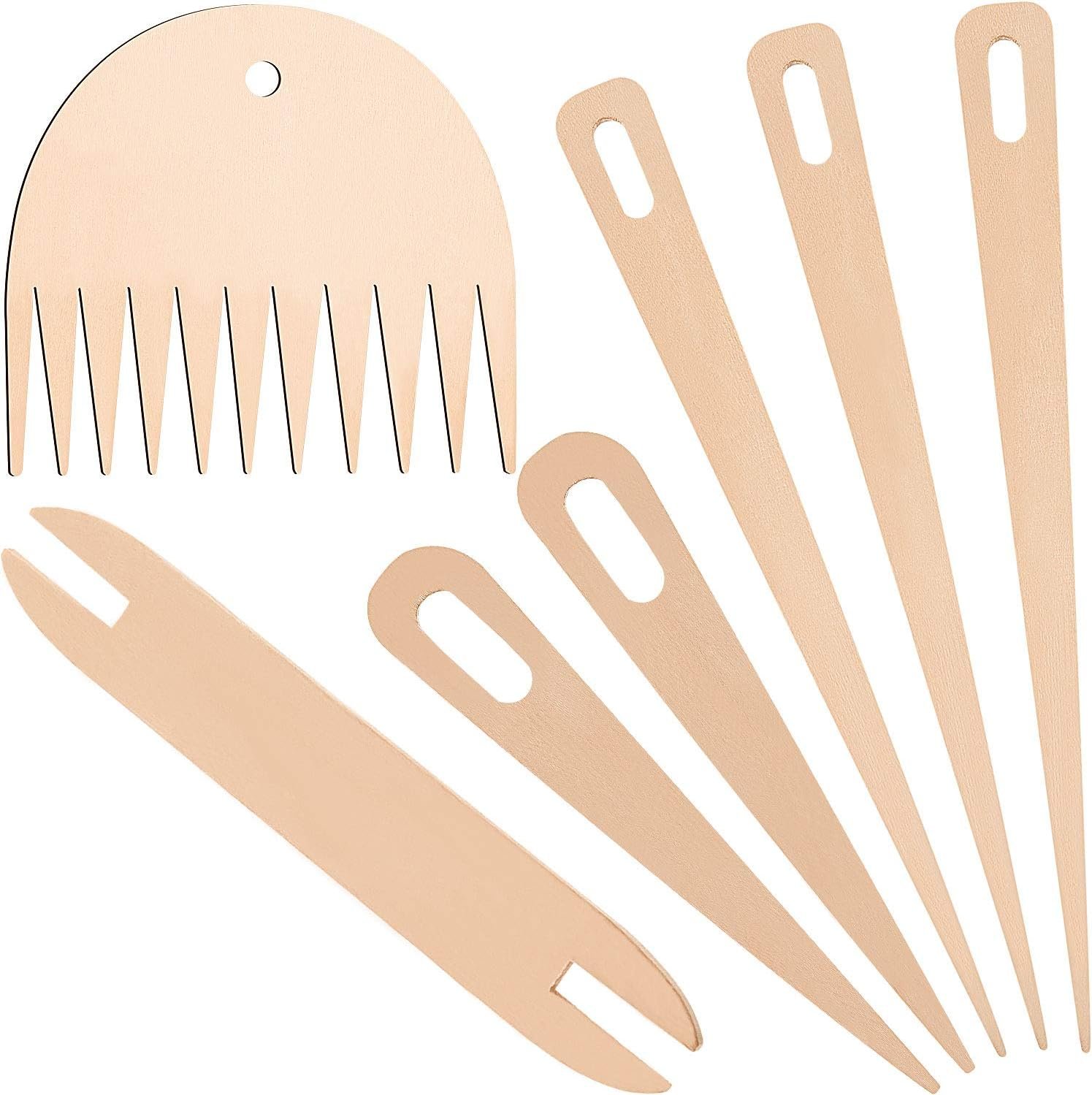 WILLBOND 7 Pieces Wood Hand Loom Stick Set Include 5 Pieces Wood Weaving Crochet Needle with Shuttles Weaving Stick and Weaving Comb for Knitted Crafts DIY