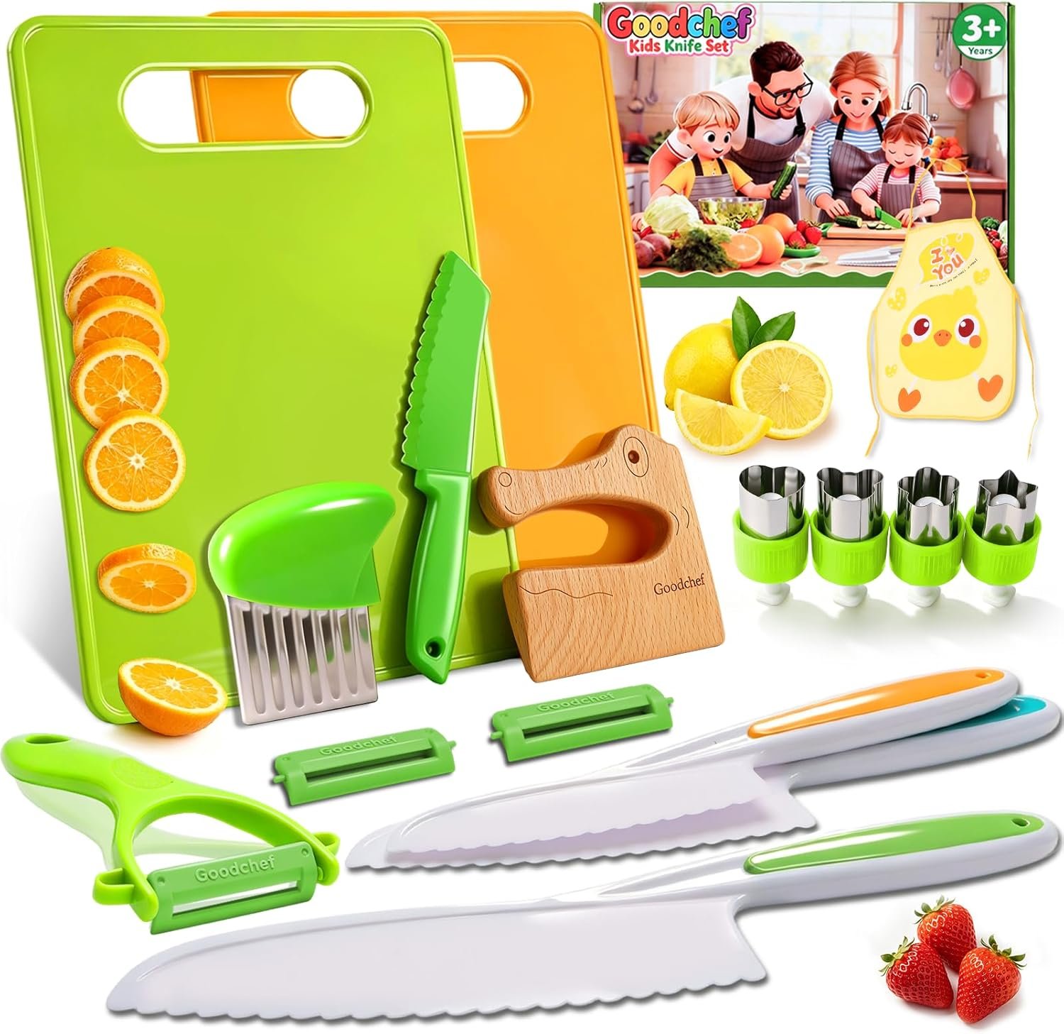 16 PCS Toddler Knife Set-Montessori Kitchen Tools for Toddlers-Kids Knife Set for Real Cooking with Kid Safe Knives Kids Safe Plastic Peeler Cutting Board Crinkle Cutters Montessori Wooden Knife