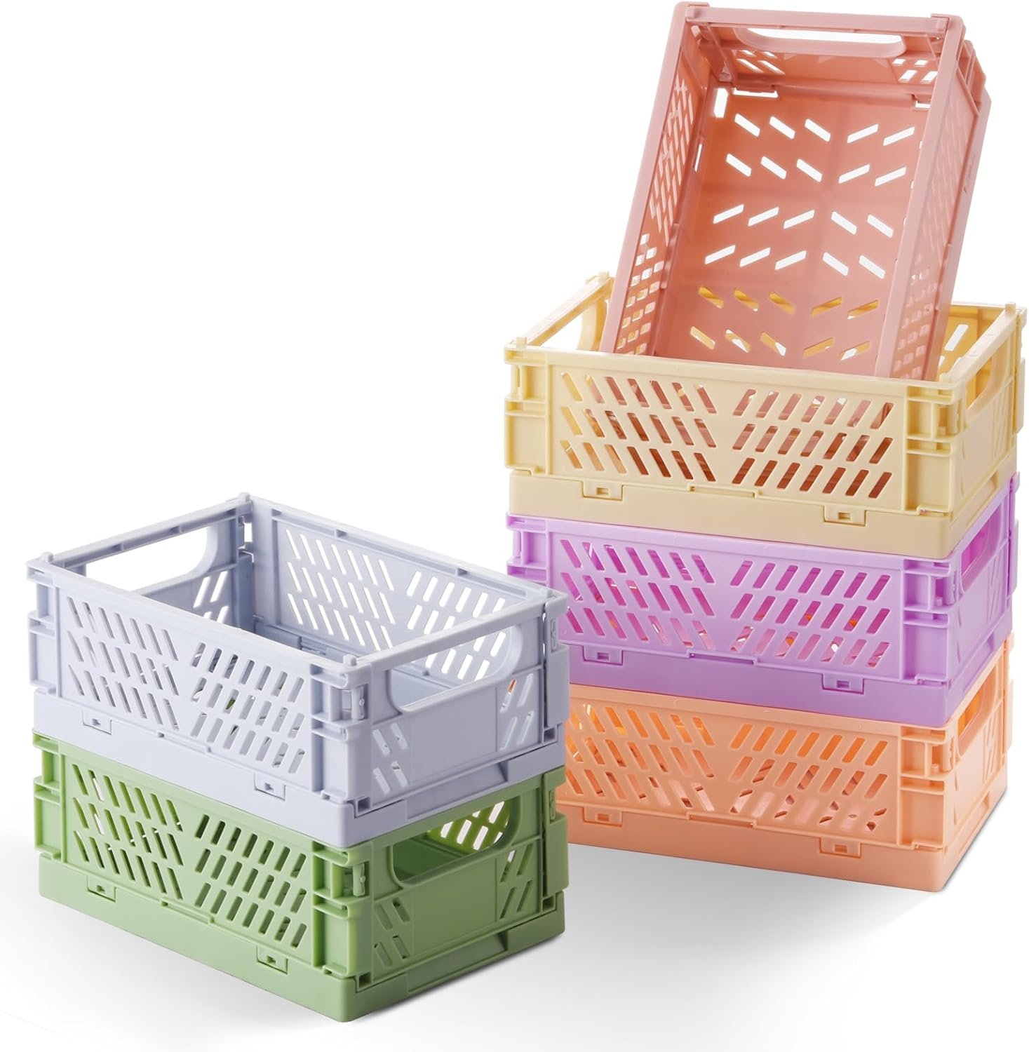 HUUSMOT 6-Pack Small Pastel Plastic Storage Baskets, Collapsible Crates for Organizing, Space-Saving Mini Bins for Classroom, Kitchen, Office, Bedroom (5.9″ x 3.8″ x 2.2″)