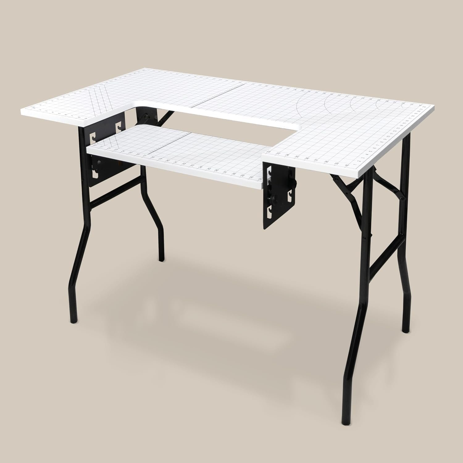 Crutello Folding Sewing Table and Craft Table for Adults – 42×24 inch Grid Top Crafting Desk for Fabric Cutting & Crafts – Steel Folding Storage Legs & Drop Down Sewing Machine Platform