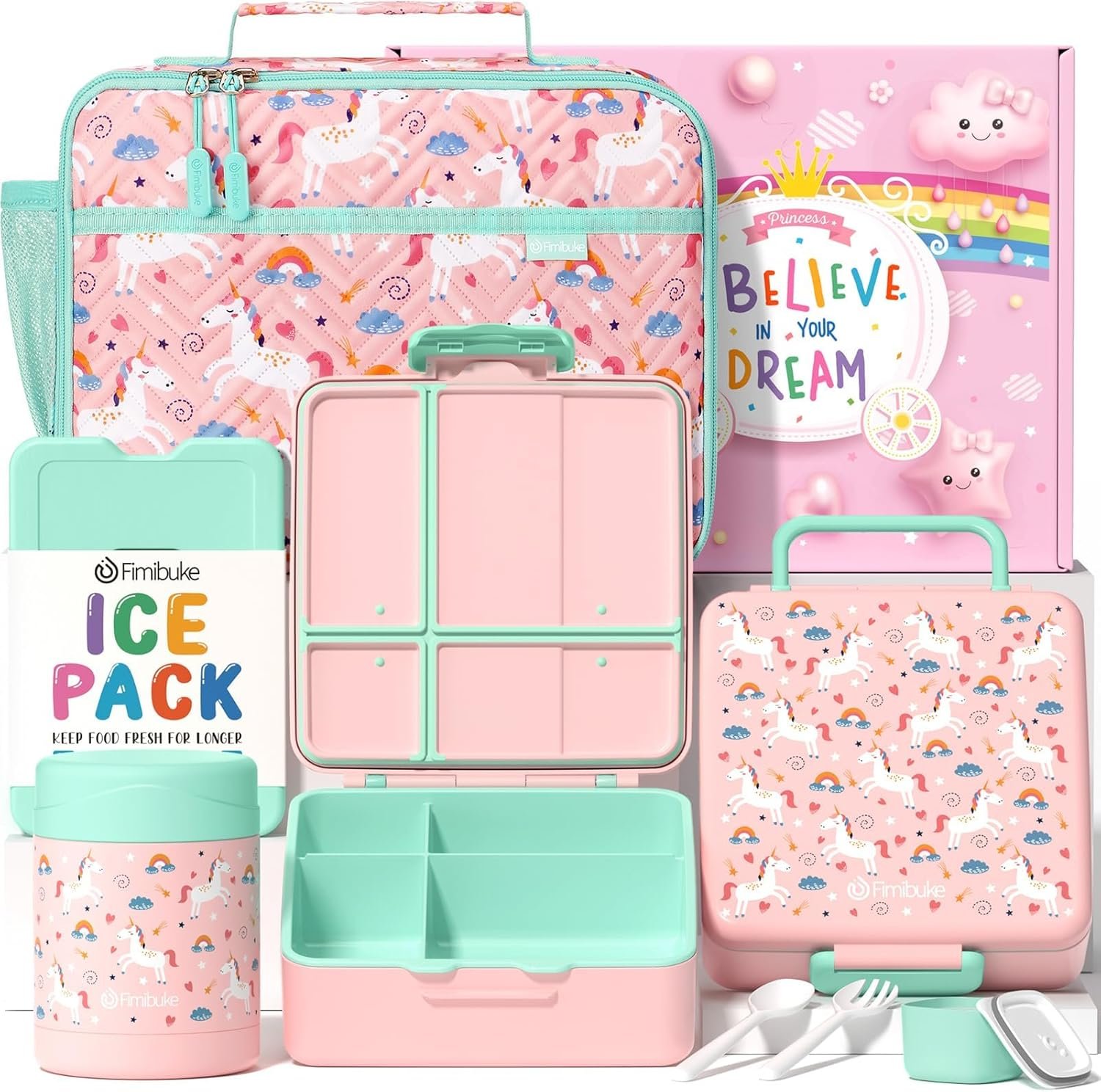 Fimibuke Kids Bento Snack Lunch Box with 4 Compartments, Insulated lunch Bag, Stainless Steel Thermo Food Jar, Ice Pack & Utensils, Unicorn Birthday Gifts for Age 3-12 Back to School Toddler Girl Boy