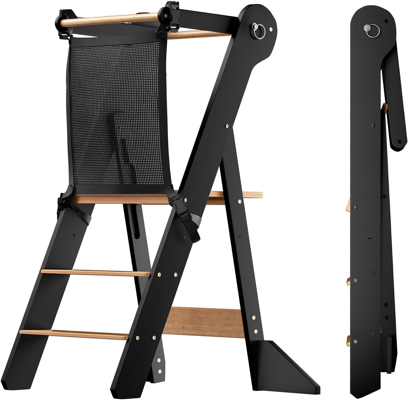 COSYLAND Foldable Toddler Standing Tower – Adjustable Height Folding Step Stool Kid Toddler Kitchen Stool for Learning and Cooking – Ages 18 Months to 6 Years with Safety Net Natural & Charcoal