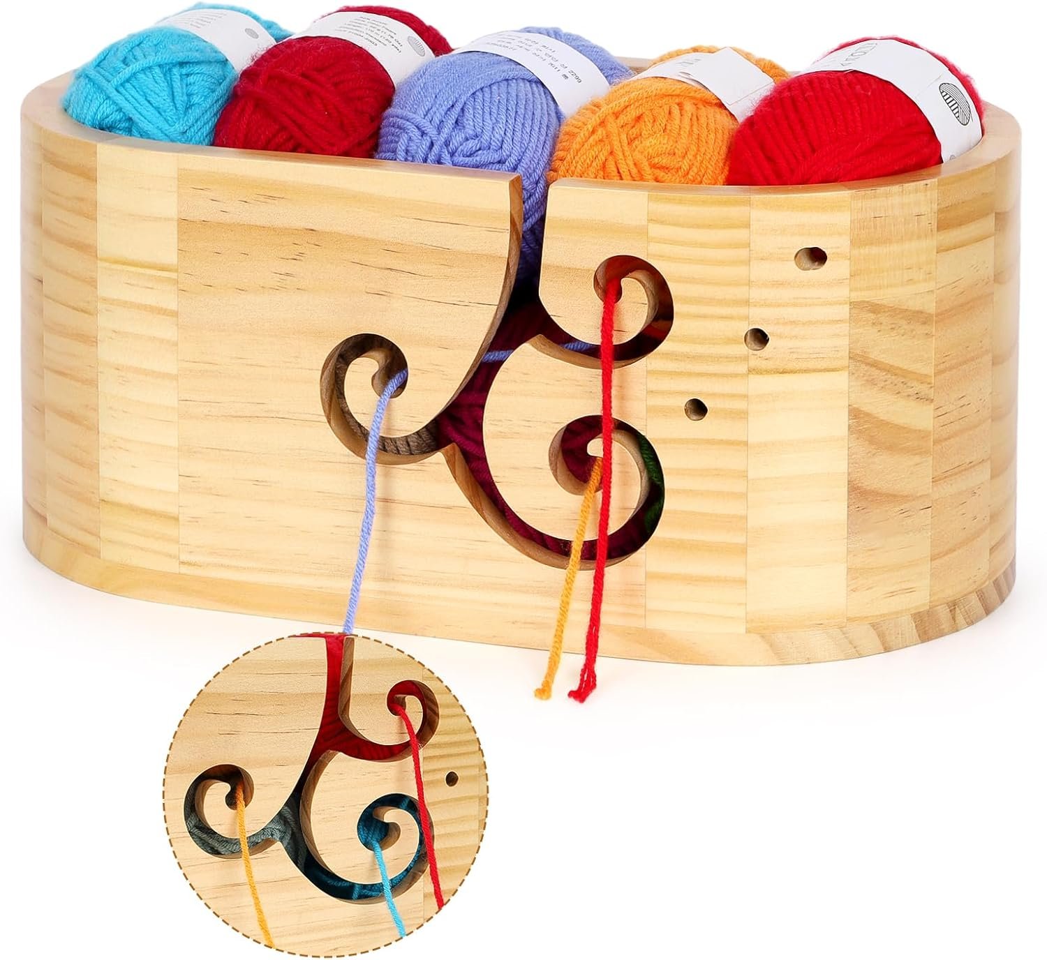 Katech Wooden Yarn Bowl for Knitting, Yarn Holder for Crocheting with 3 Holes, Extra Large Crochet Bowls Wool Storage for Knitter & Crocheter Tangle-Free Crafting, Gifts for Yarn Lovers-11″ x6″ x4.7″