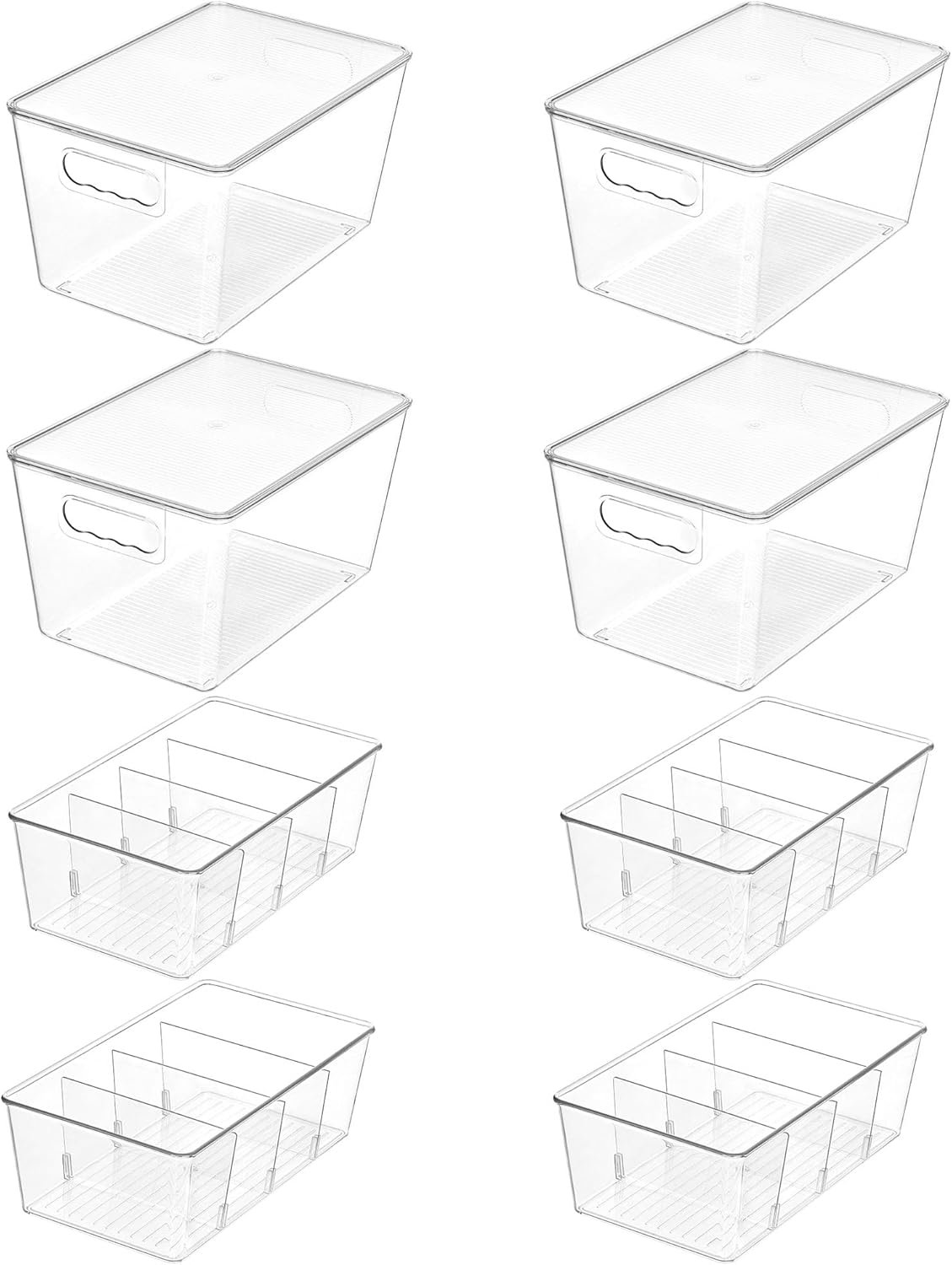 Vtopmart 8 Pack Clear Plastic Storage Bins Set, 4 Large Pantry Organizer Bins with Lids & Handles and 4 Medium Snack Organizer Bins with 4-Compartment for Pantry, Kitchen, Fridge, Cabinet Organization