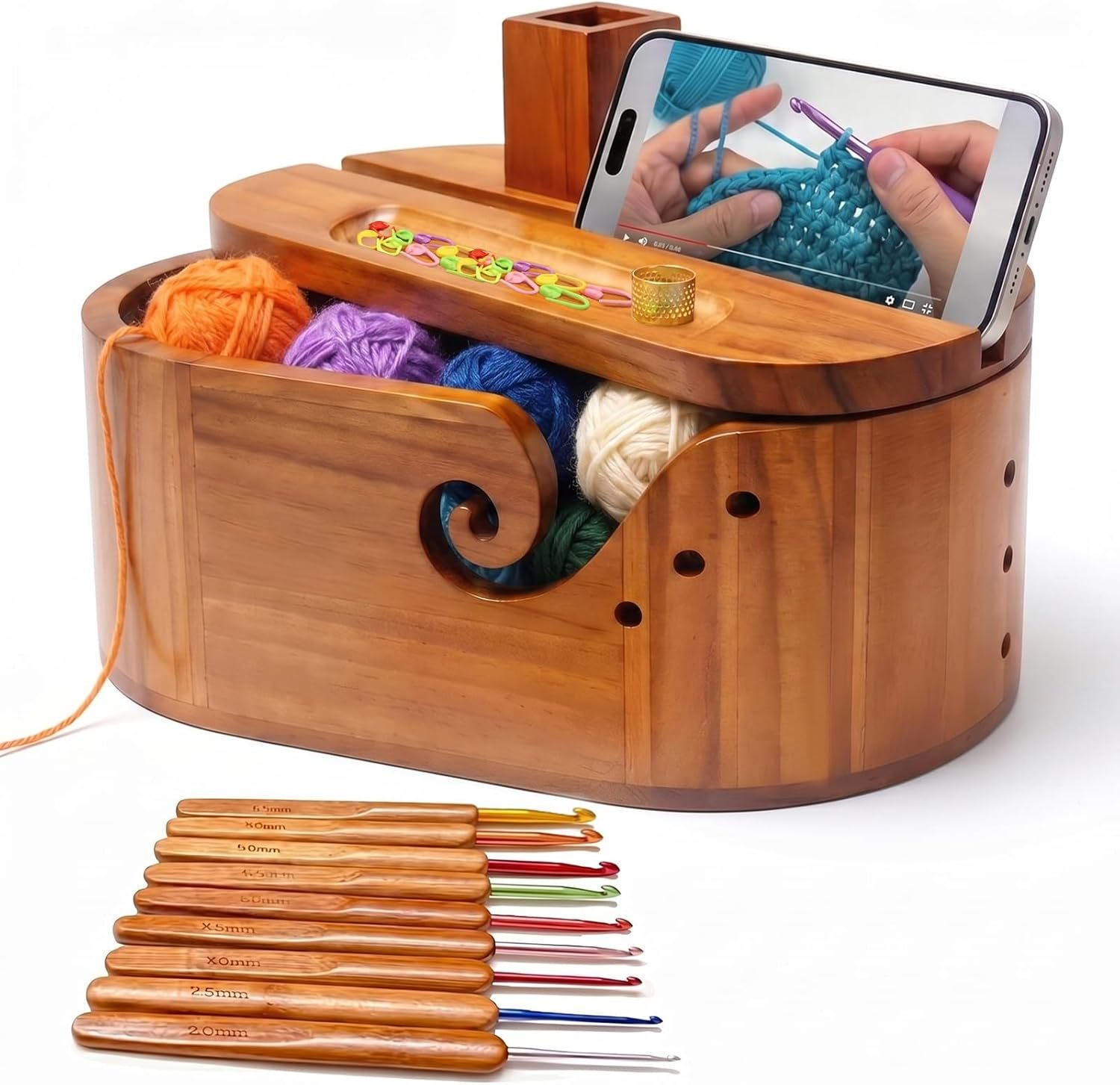 Oval Yarn Bowl Set with Lid, Crochet Yarn Holder with 9pcs Knitting Hooks, Large Wooden Yarn Storage with Phone Stand & Crochet Accessories, Double Curling Slot, Ideal Gift for Crochet Lovers