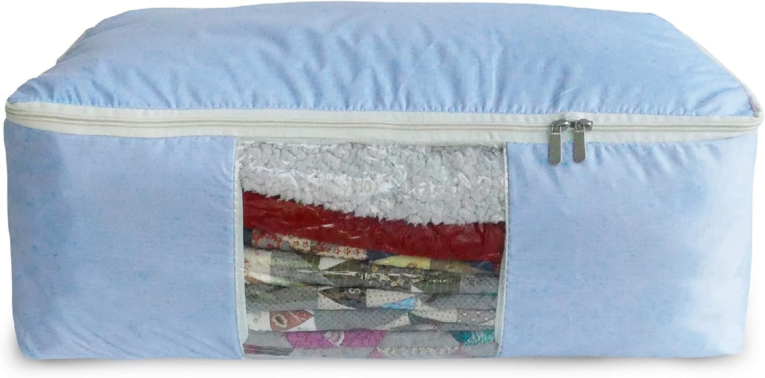 Madam Sew Quilt Blanket Storage Bag|Blanket Organizer|Comforter Storage for Clothes, Quilts, Bedding|Linen Bag Storage with Visible Front Panel, Strong Handles & 2-Way Zipper – Periwinkle 22x15x8″